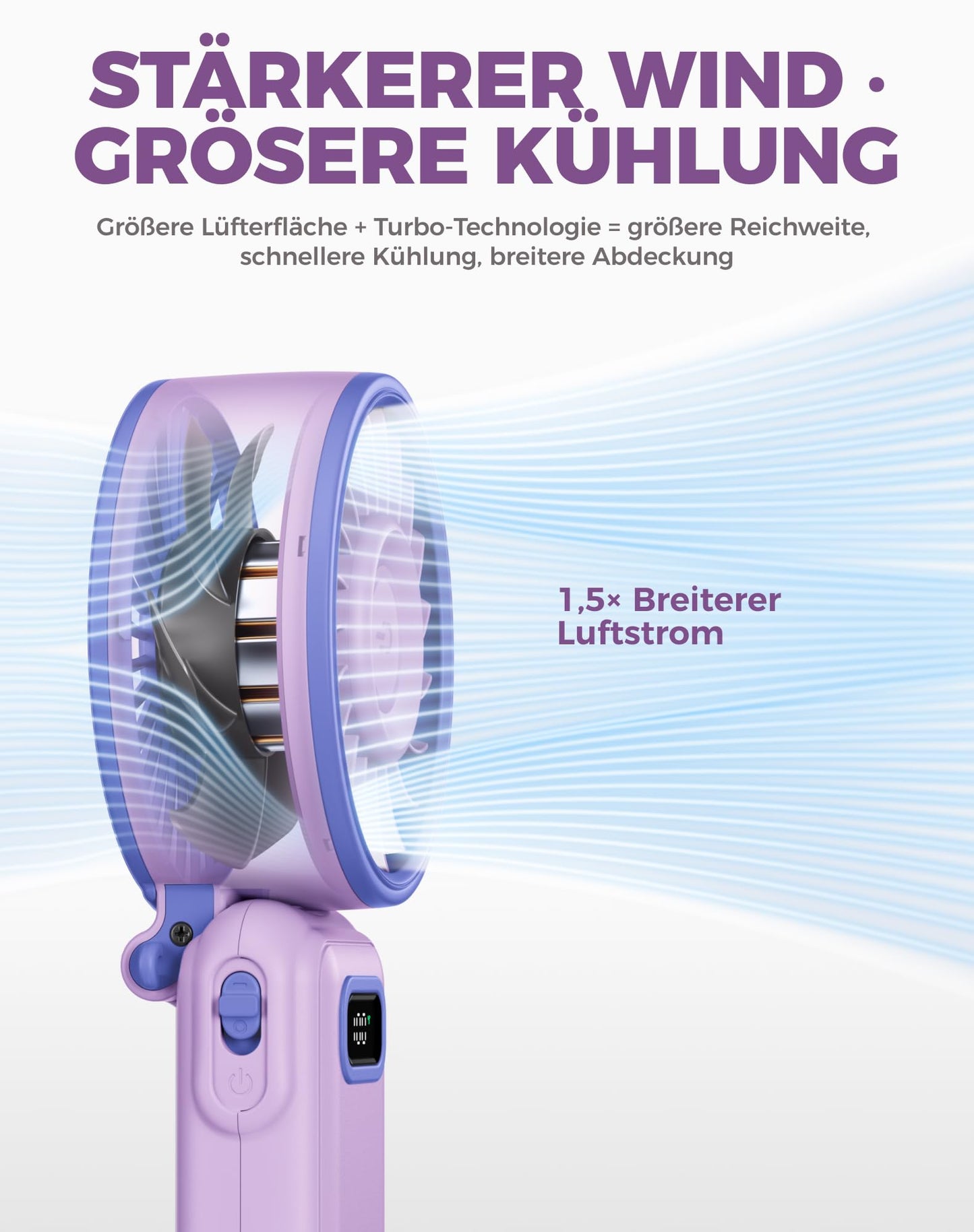 Diveblues Handventilator Tragbarer Turbo-Ventilator mit 100 Stufen und 7,4m/s Starkem Luftstrom, 180° Faltbarer 4-in-1 Mini-Ventilator für Hand, Hals und Tisch, Aufladbar für Sommer, Reise und Outdoor