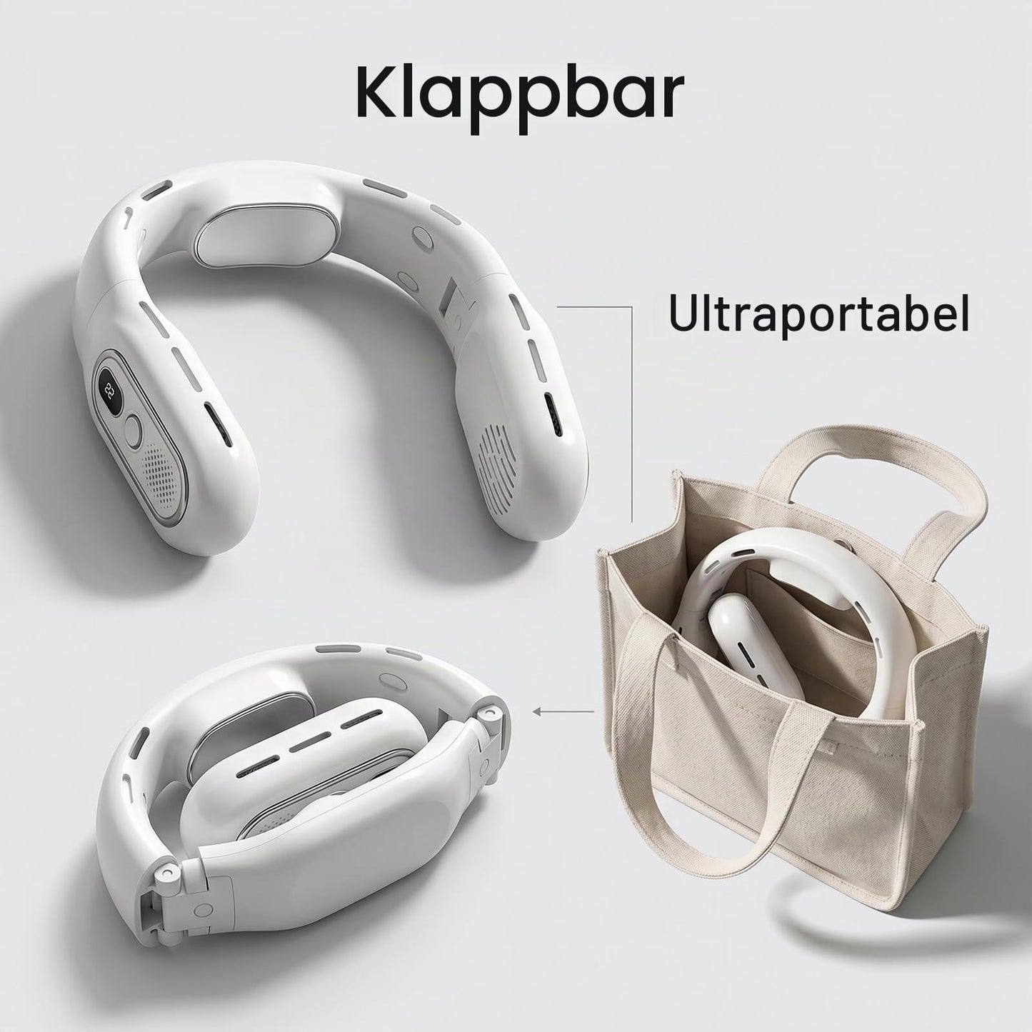 Faltbarer Halsventilator, ohne Flügel, tragbar, Luftstrom 360°, USB-Ventilator, wiederaufladbar, 3000 mAh, 3 Geschwindigkeitsstufen, USB-Halsventilator mit LED-Anzeige, für Sport und Reise (weiß)