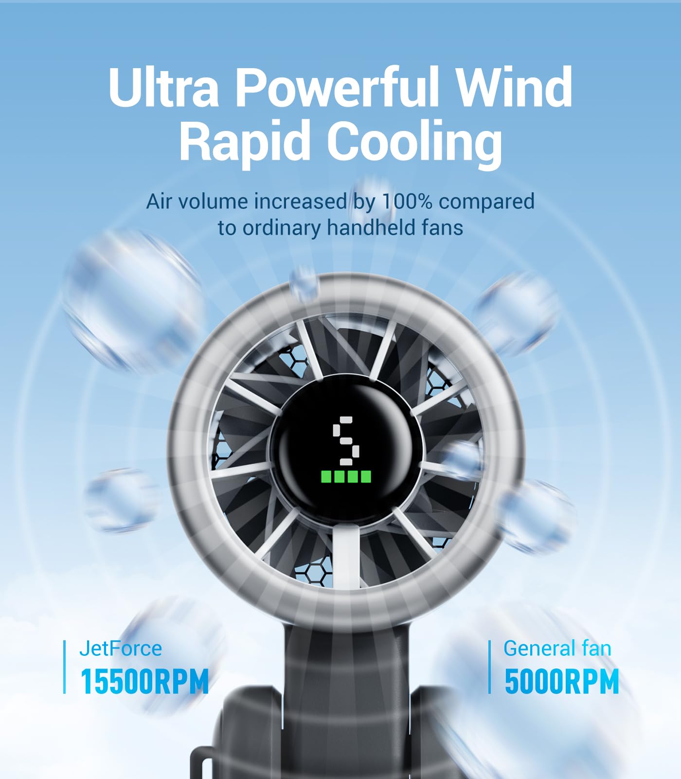 Diveblues Portable Handheld Turbo Fan, 5 Gear Wind, Battery Operated, Up to 12 Working Hours, 3 IN 1 Hand Fan with Air Turbo Tech Cooling Fan for Outdoor Activities, Travel, Working, Silvery white