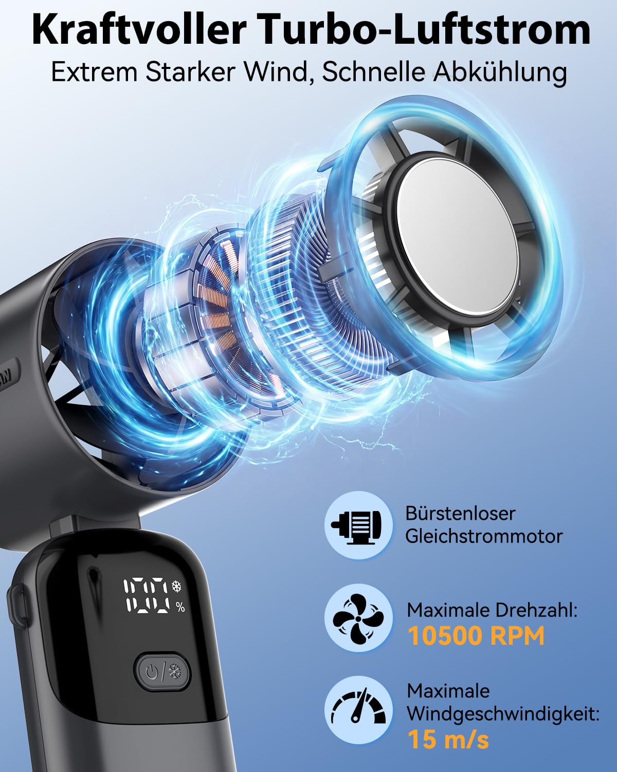 Handventilator,100 Stufen Mini Ventilator mit Eiskühlung,3600mAh Tragbarer Turbo Handventilator Akku Aufladbar,3-in-1 (Hand/Tisch/Neck) Ventilator Klein Leise mit LED Display für Reisen,Büro & Outdoor