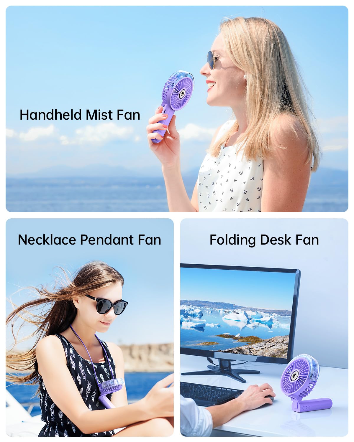 SWEETFULL Portable Misting Fan - 180° Foldable Handheld Personal Fan with Mist Spray, 3 Speeds, 30ml Water Tank, USB Rechargeable - Ideal for Travel, Outdoors, Makeup, Camping, Home, and Office Use