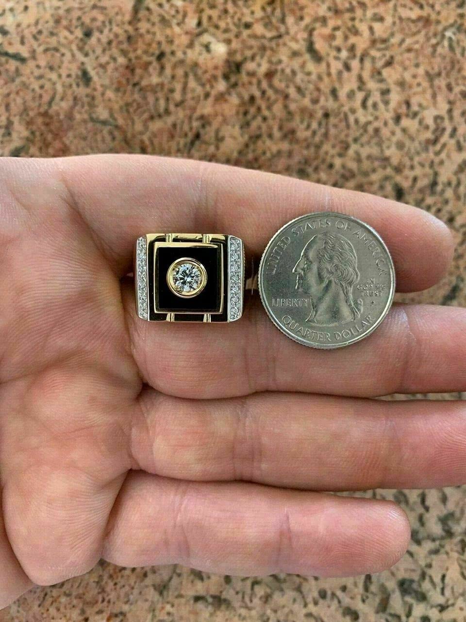 Massives 925er Sterlingsilber – 14 Karat Gold-Finish – Hip-Hop-Solitärring für Herren mit schwarzem Onyx – Größen 7–13, ideal als Ring für den kleinen Finger oder jeden anderen Finger (8)