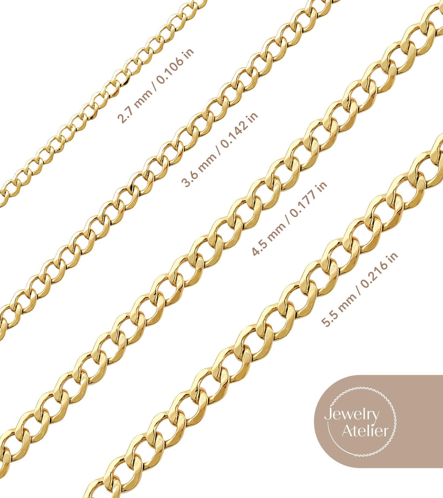 Schmuckatelier-Goldketten-Kollektion – 14 Karat massive Gelbgold-Halsketten mit kubanischen Miami-Panzergliedern für Damen und Herren in verschiedenen Größen (2,7 mm, 3,6 mm, 4,5 mm oder 5,5 mm)