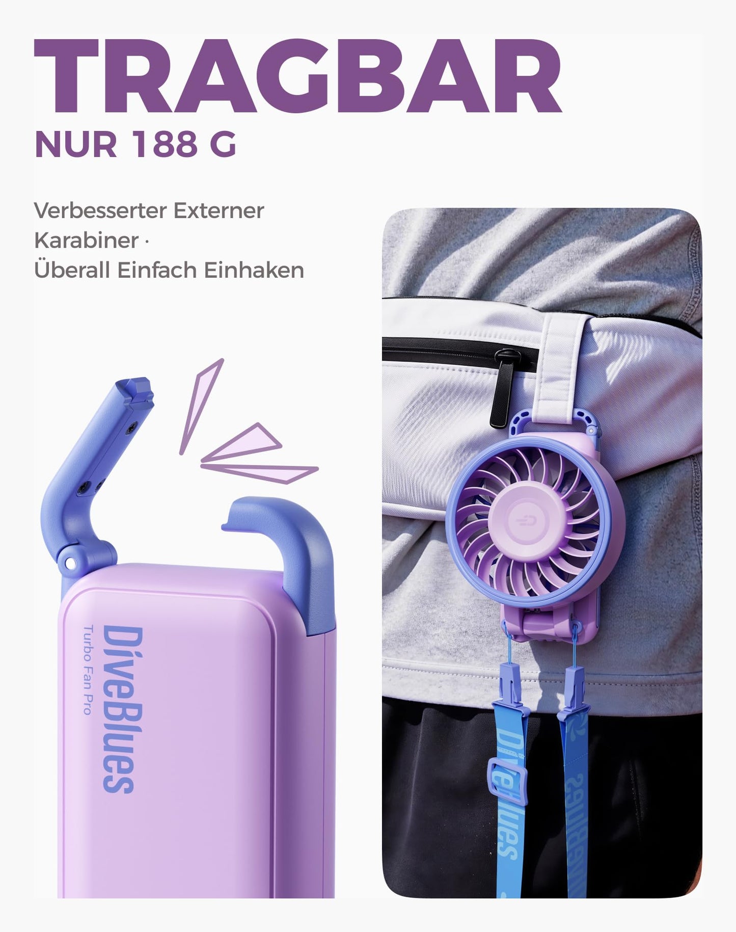 Diveblues Handventilator Tragbarer Turbo-Ventilator mit 100 Stufen und 7,4m/s Starkem Luftstrom, 180° Faltbarer 4-in-1 Mini-Ventilator für Hand, Hals und Tisch, Aufladbar für Sommer, Reise und Outdoor