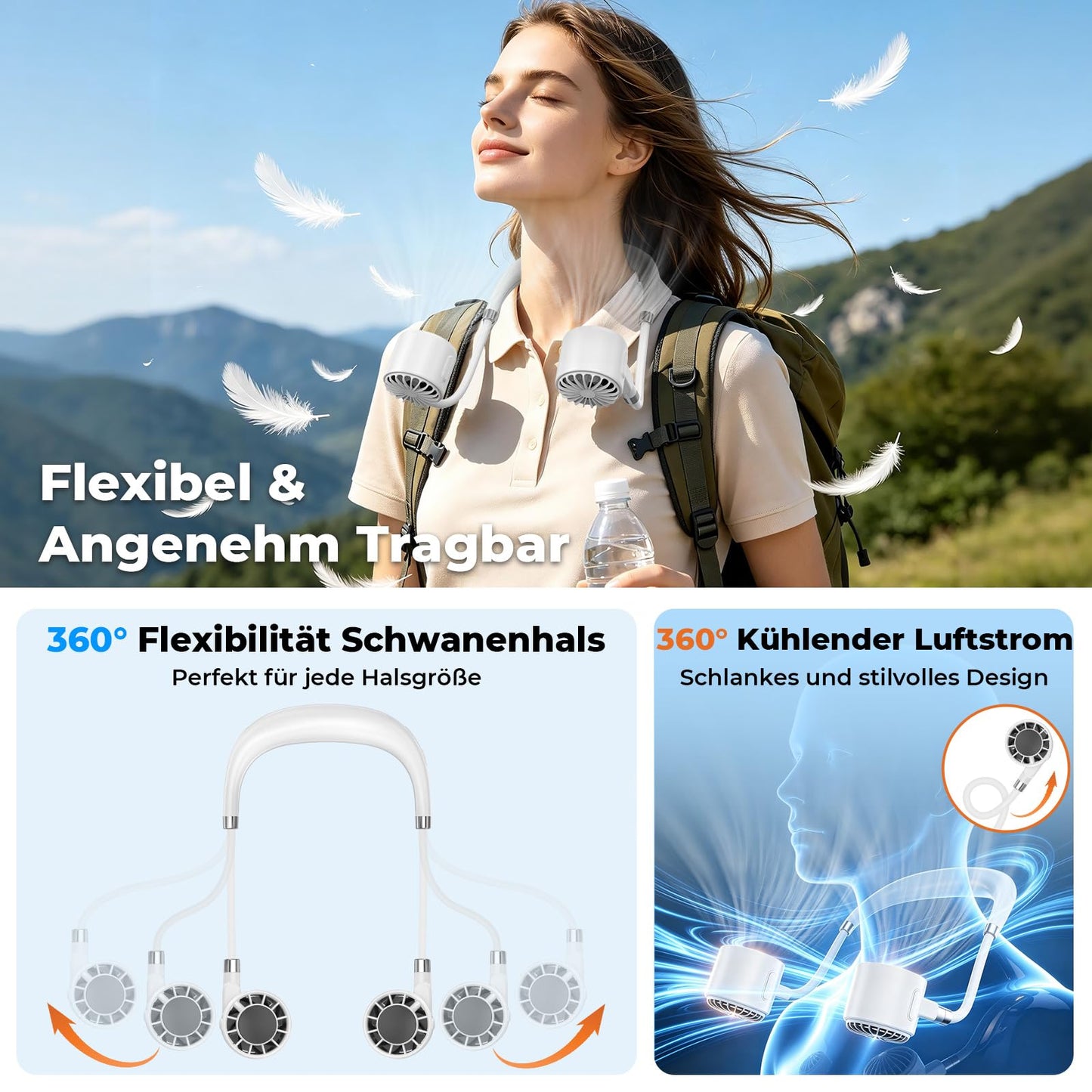 Nackenventilator, 4000mAh Tragbarer Halsventilator, 6 Stufen & 360° Luftstrom, 5-16 Stunden,Extrem Leise 10000 U/min USB Ventilator mit LED-Anzeige,Faltbarer Mini Lüfter für Freien,Reisen,Camping,Büro