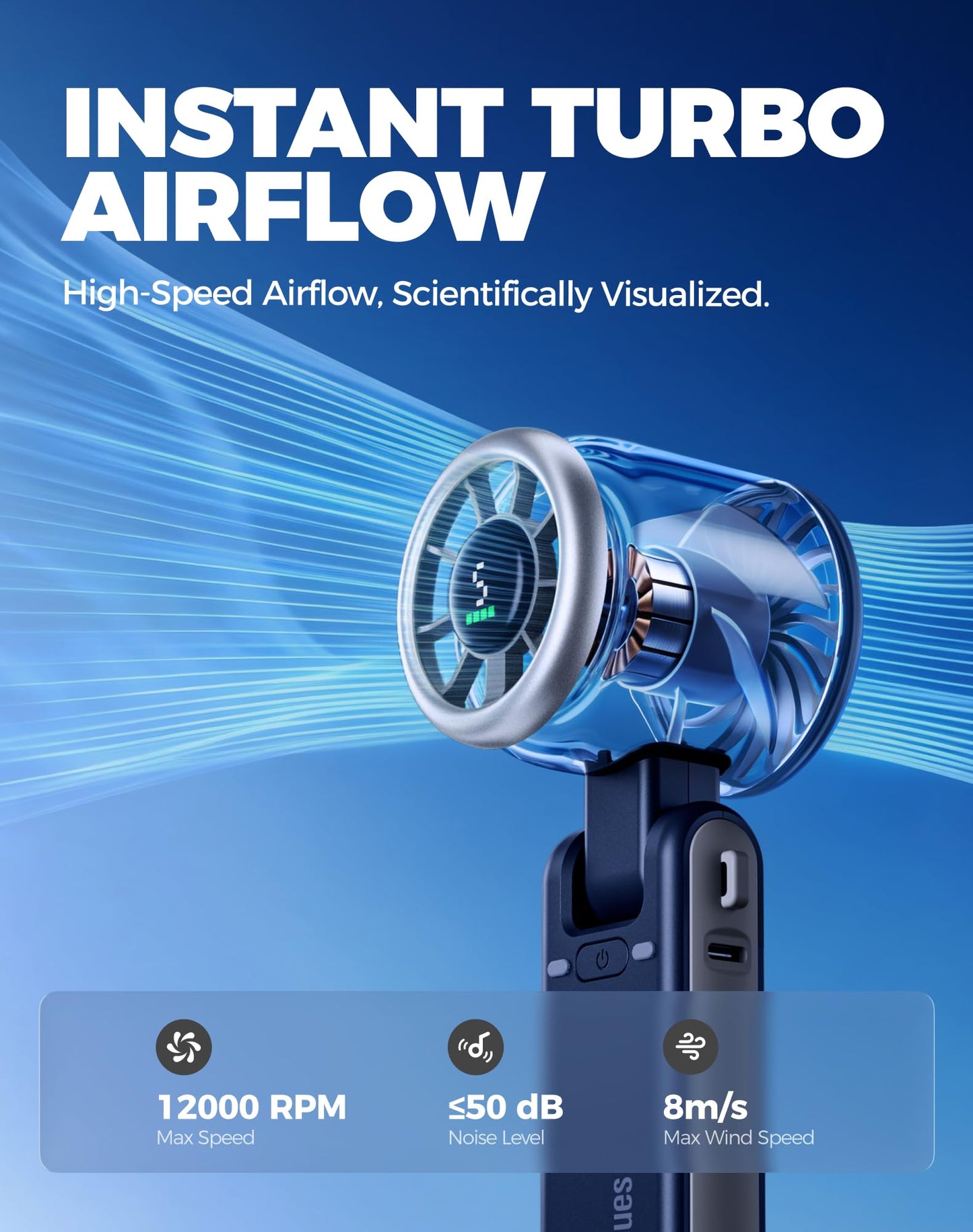 Diveblues Portable Handheld Turbo Fan, 5 Gear Wind, Battery Operated, Up to 12 Working Hours, 3 IN 1 Hand Fan with Air Turbo Tech Cooling Fan for Outdoor Activities, Travel, Working, Silvery white