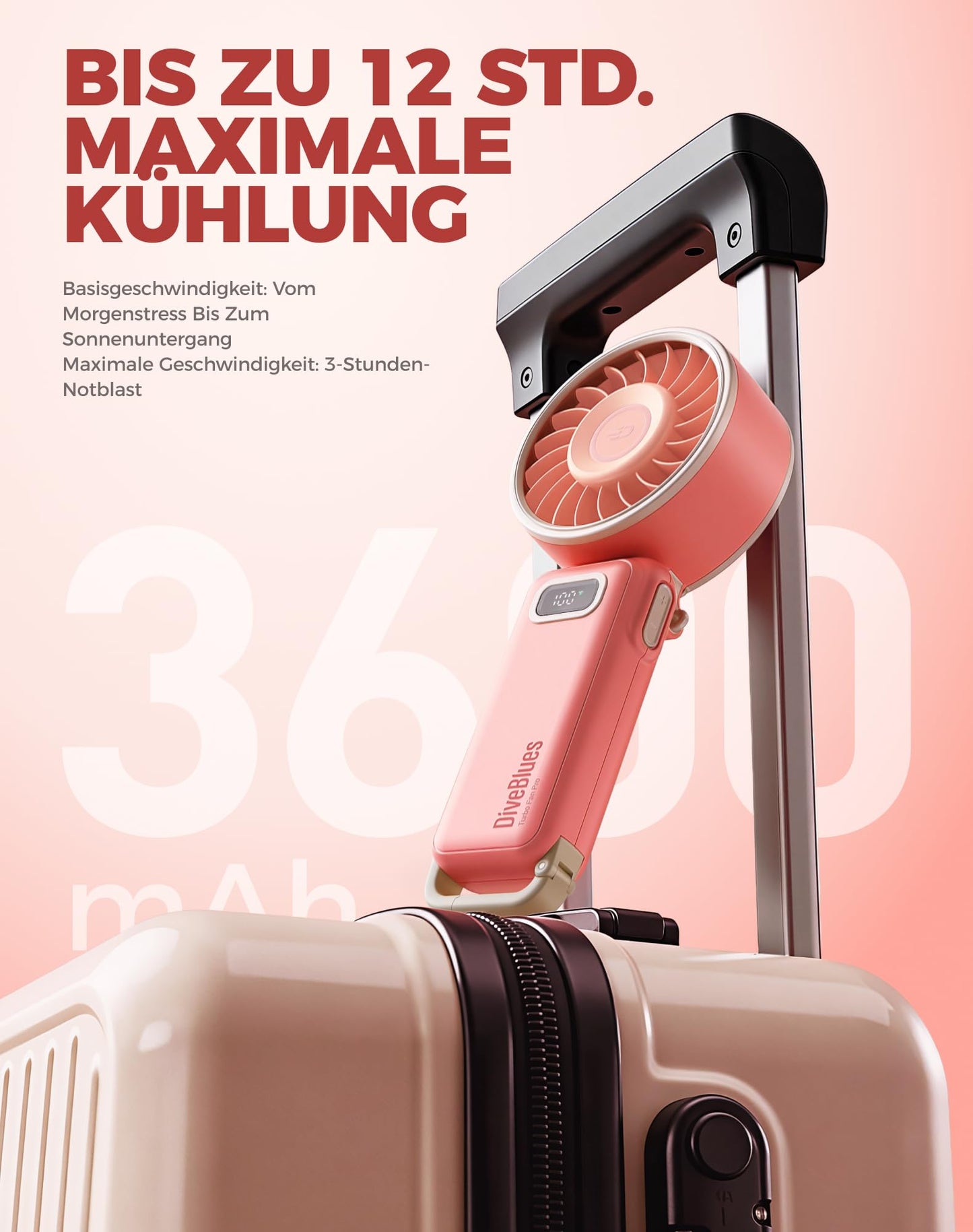 Diveblues Handventilator Tragbarer Turbo-Ventilator mit 100 Stufen und 7,4m/s Starkem Luftstrom, 180° Faltbarer 4-in-1 Mini-Ventilator für Hand, Hals und Tisch, Aufladbar für Sommer, Reise und Outdoor