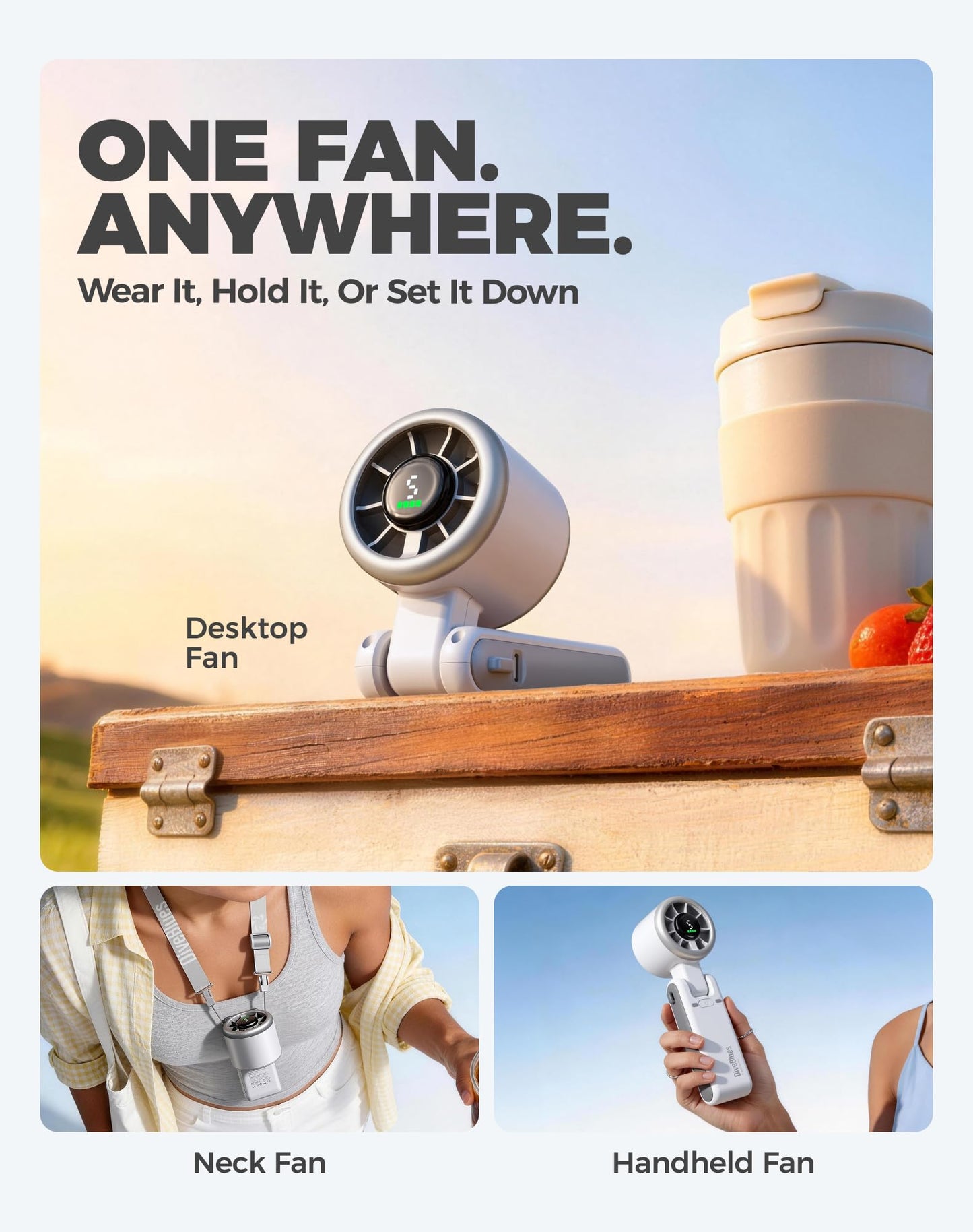 Diveblues Portable Handheld Turbo Fan, 5 Gear Wind, Battery Operated, Up to 12 Working Hours, 3 IN 1 Hand Fan with Air Turbo Tech Cooling Fan for Outdoor Activities, Travel, Working, Silvery white