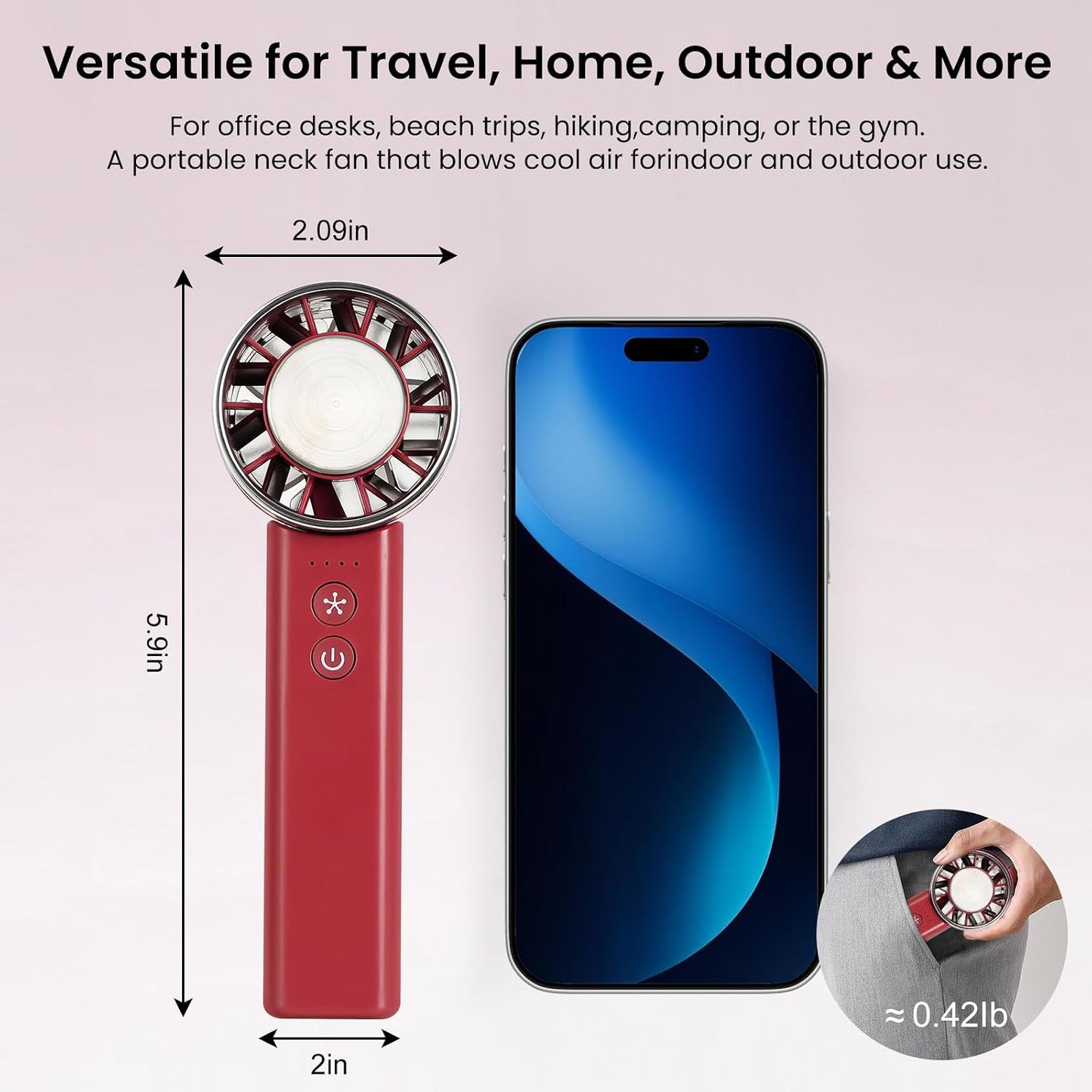 Handventilator, 4 Geschwindigkeiten, verstellbar, 4800 mAh, faltbar, leicht, am Hals getragenes Design, Strandurlaub, tragbarer Ventilator für Reisen, Kühlung für Camping, Outdoor und Indoor