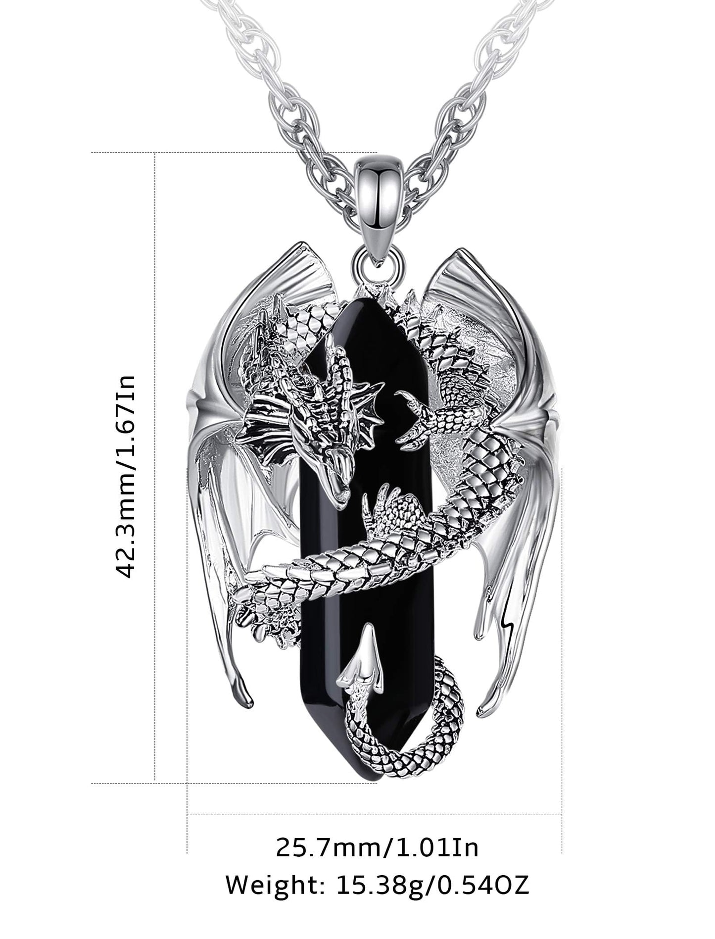 INFUSEU Drachen Kette, Kristall Halskette Nordischer Drache Eingewickelter Zylinder Edelstein Schwarzer Vintage Obsidian Anhänger Sechseckiger Heilkristall Gothic Geschenk für Männer Frauen