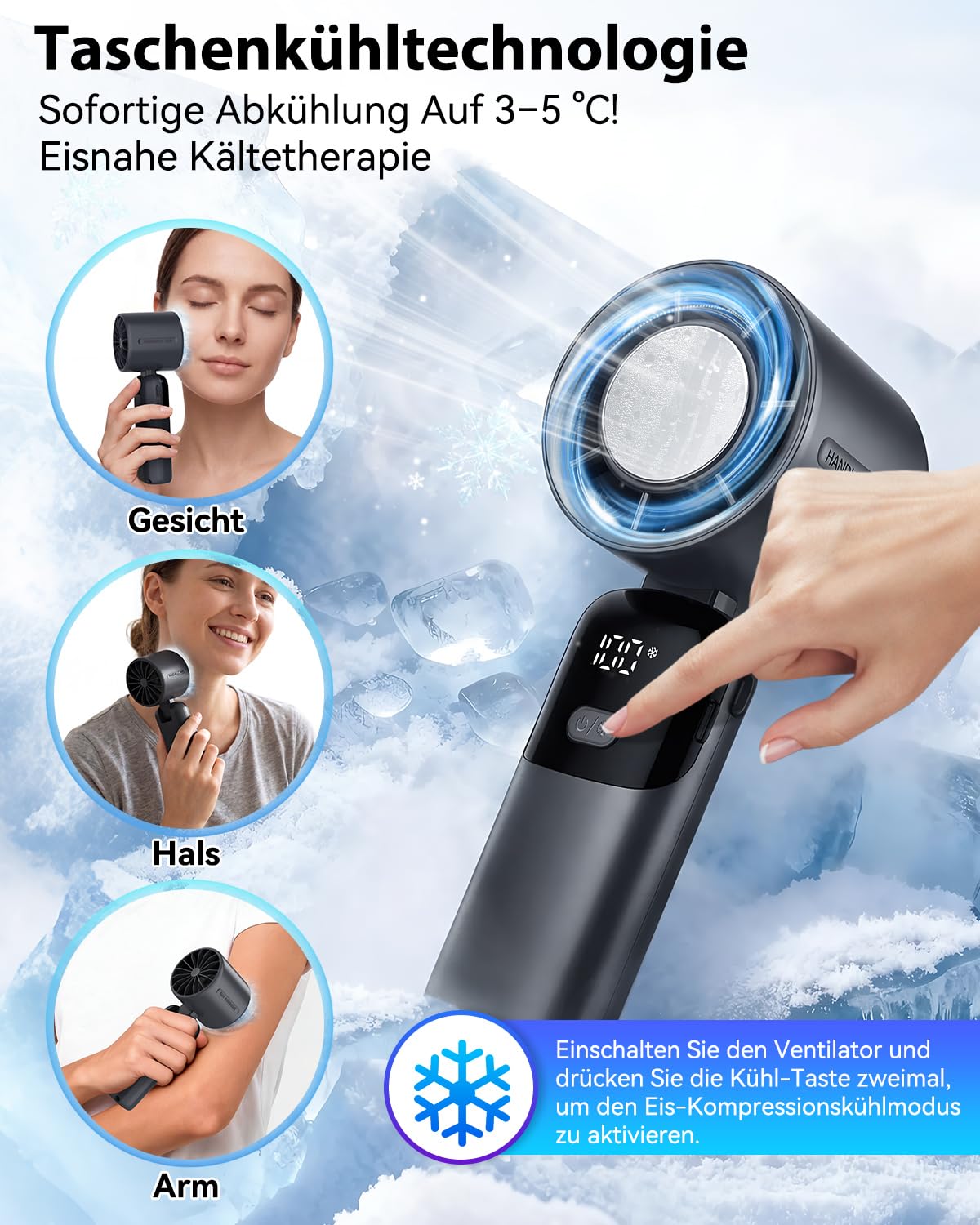 Handventilator,100 Stufen Mini Ventilator mit Eiskühlung,3600mAh Tragbarer Turbo Handventilator Akku Aufladbar,3-in-1 (Hand/Tisch/Neck) Ventilator Klein Leise mit LED Display für Reisen,Büro & Outdoor