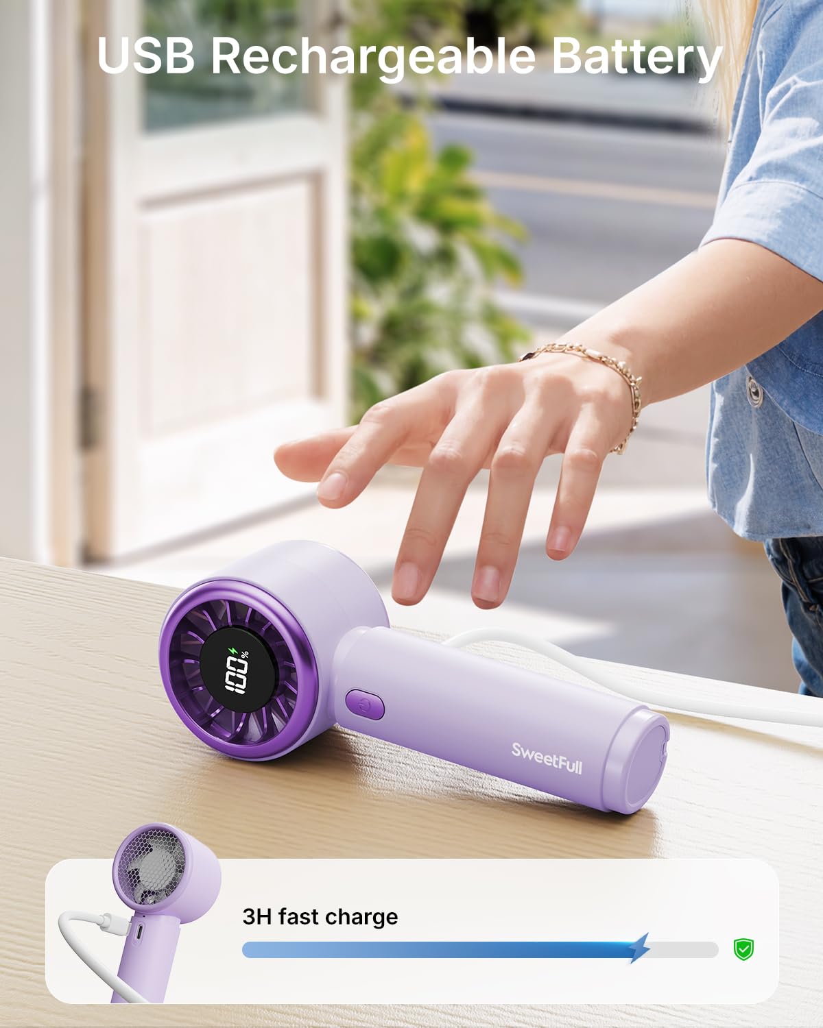 SWEETFULL Mini Fan Portable - Cute Handheld Turbo Fan with Rechargeable Battery, 5 Speeds, Small Hand Personal Travel Essentials for Women, Girls, Kids, Lash, Makeup - Pink