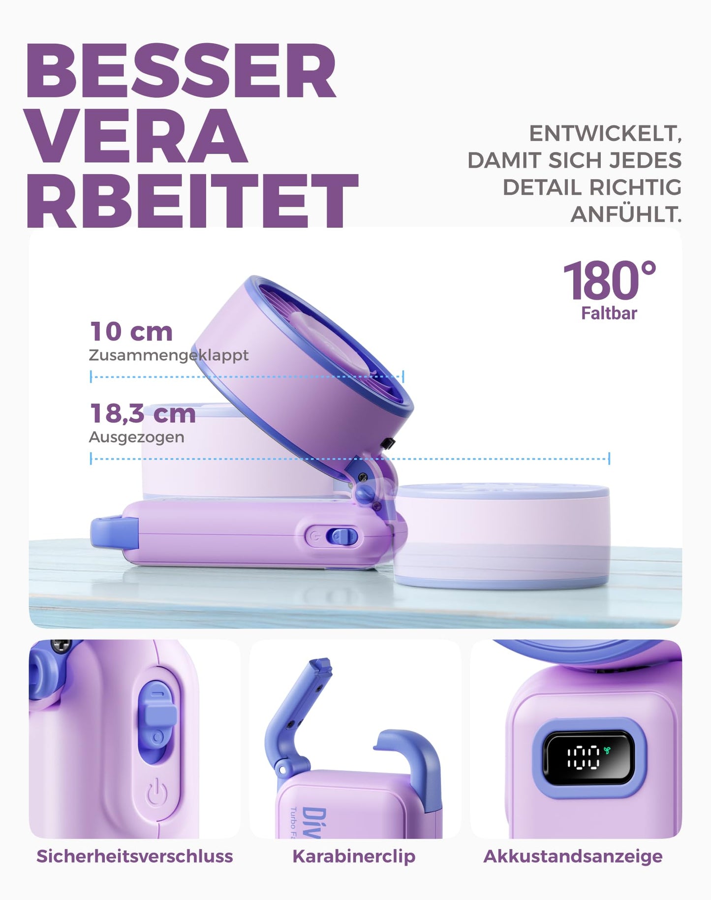 Diveblues Handventilator Tragbarer Turbo-Ventilator mit 100 Stufen und 7,4m/s Starkem Luftstrom, 180° Faltbarer 4-in-1 Mini-Ventilator für Hand, Hals und Tisch, Aufladbar für Sommer, Reise und Outdoor