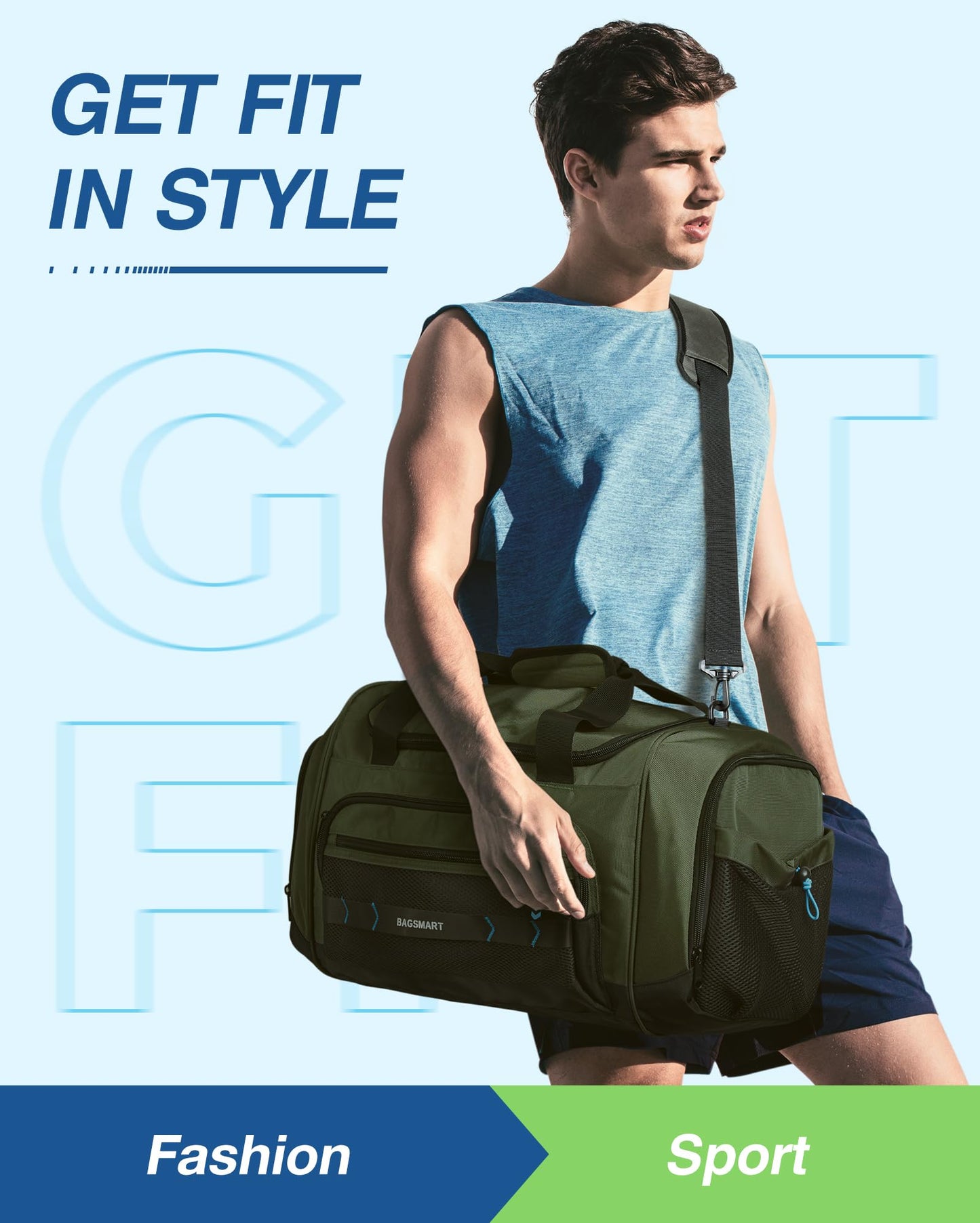 BAGSMART Sporttasche für Damen und Herren, Sport-Reisetasche, Handgepäck, leichte Wochenend-Übernachtungstasche mit Schuhfach und Nassfach, wasserabweisende Trainings-Reisetasche für das Fitnessstudio auf Reisen – Grün