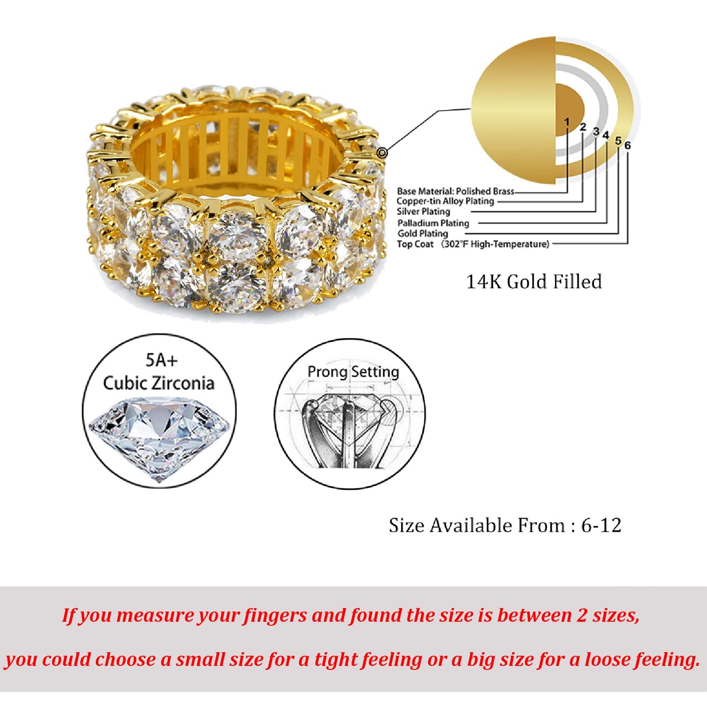 TOPGRILLZ Verlobungsring Herren Goldring Zirkonia Silberring Diamantringe für Damen 9mm Iced Out 14K vergoldet 2 Reihen Rundschliff Eternity Chunky Ring (Gold, 7.5