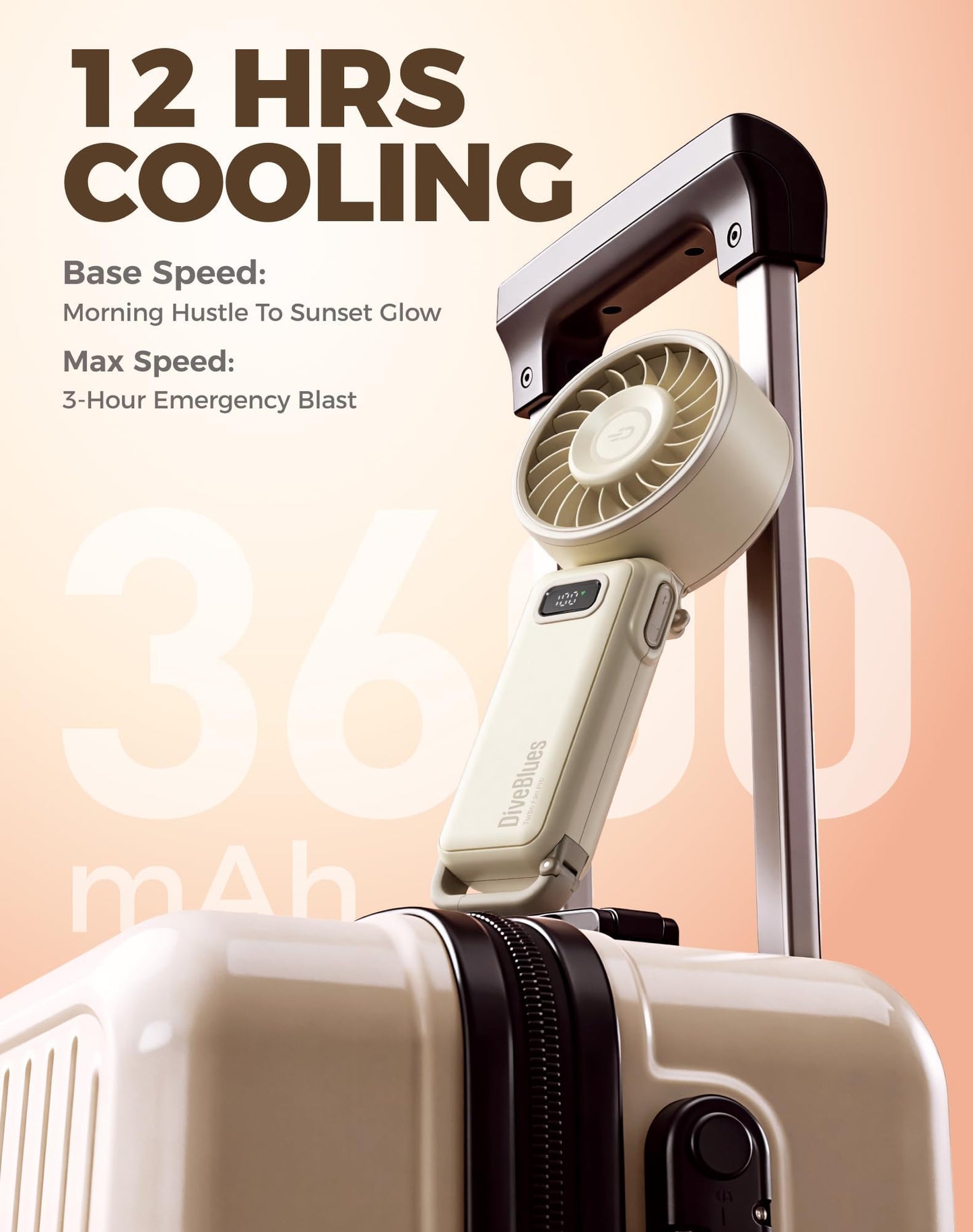 Diveblues Portable Handheld Fan D6036 Cream | 7.4m/s High Speed Turbo, 180° Foldable 4-in-1, Personal Neck Fan with Carabiner Clip, 100 Speed Stepless Control