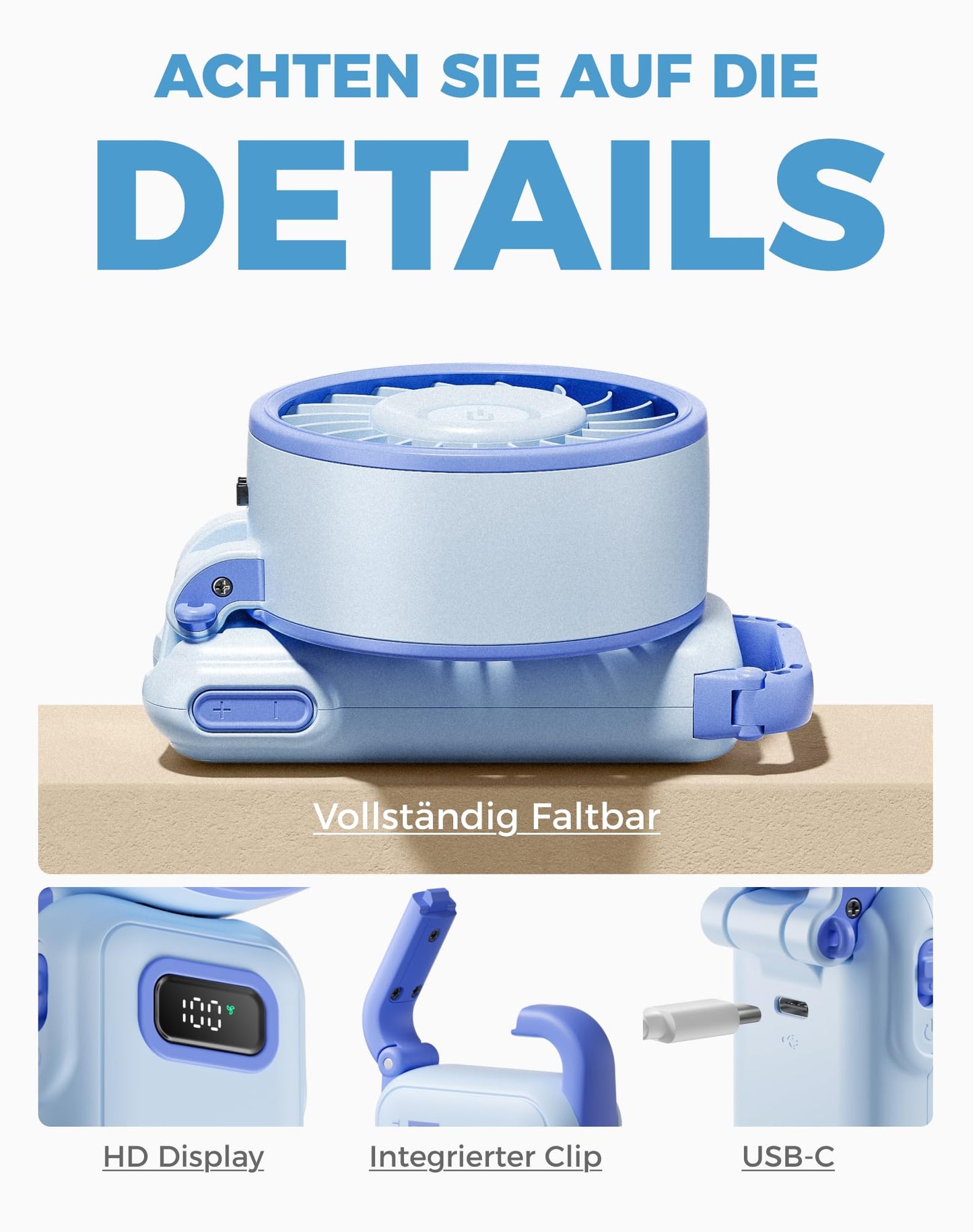 Diveblues - Handventilator Akku Aufladbar - 100 Stunfen Mini Ventilator Leistungsstarker Luftstrom mit Turbo-Technologie, 4 in 1 Tragbarer Ventilator 180° Faltbarer Bis zu 12 Stunden Kühlung