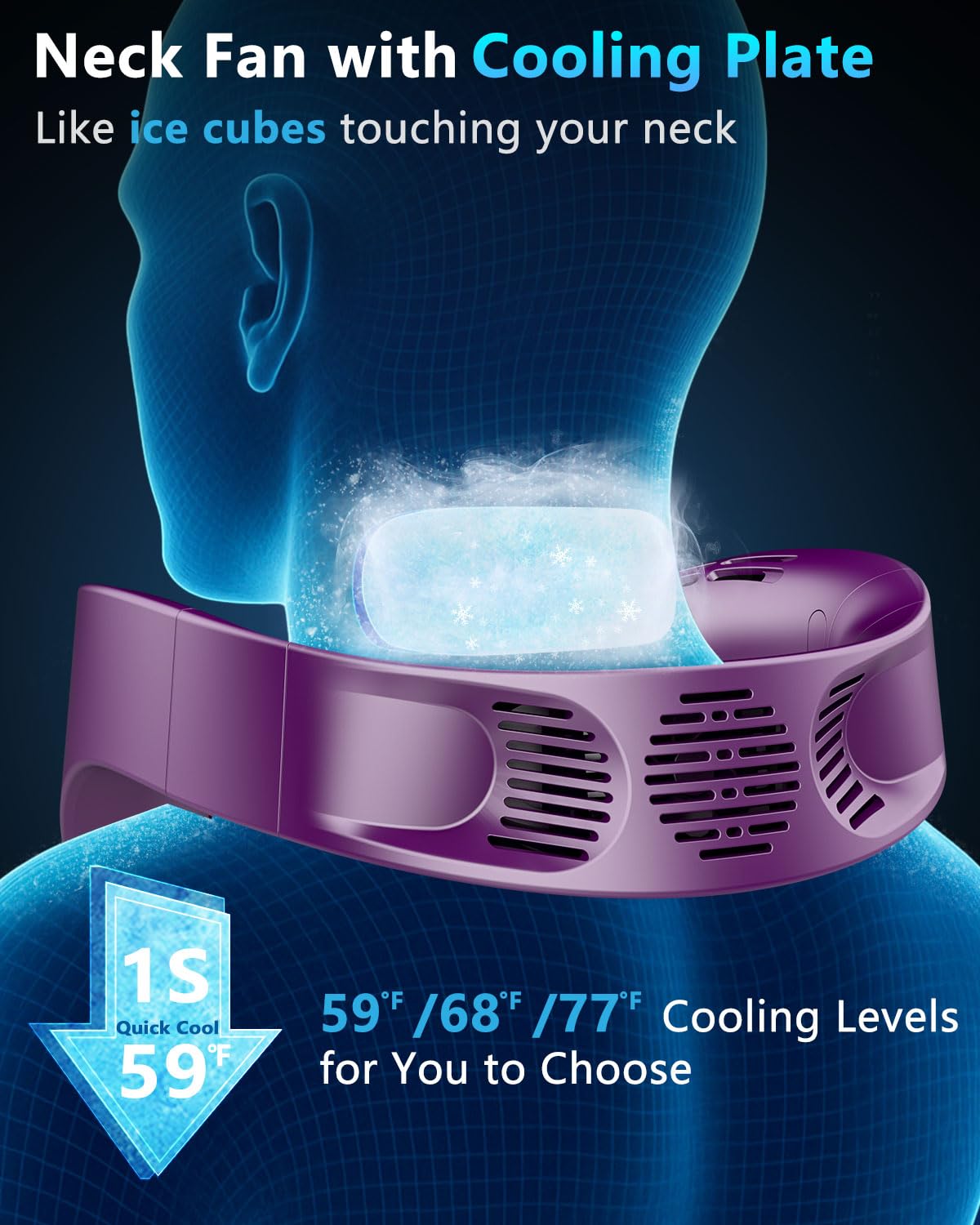 FWV Neck Fan with Cooling Plate, Quiet 30dB, 3-24Hrs Cooling,5500mAh Battery,LED Display Necklace AC Cooler, USB Bladeless Portable Personal Wearable Fans that Blow Cold Air for Men Women Kids Black