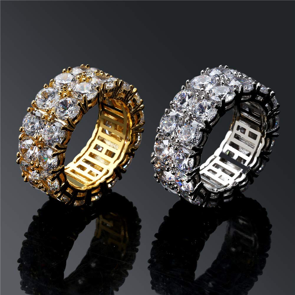 TOPGRILLZ Verlobungsring Herren Goldring Zirkonia Silberring Diamantringe für Damen 9mm Iced Out 14K vergoldet 2 Reihen Rundschliff Eternity Chunky Ring (Gold, 7.5