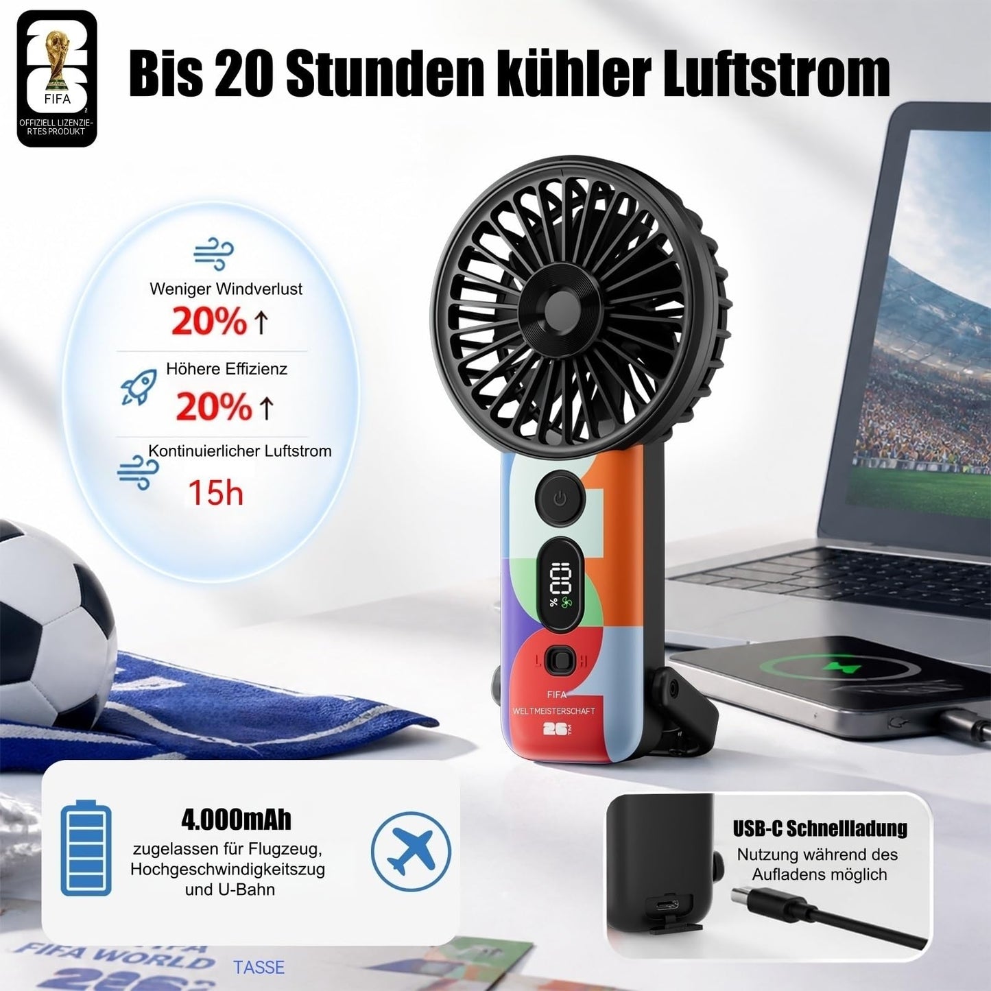 FIFA WM 2026 lizenzierter Hand-Turbo-Ventilator, tragbar mit 5 Stufen, 4.000mAh Akku, LED-Anzeige & Taschenlampe, Tisch-/Aufhängefunktion, Fußball Geschenk (Schwarz)