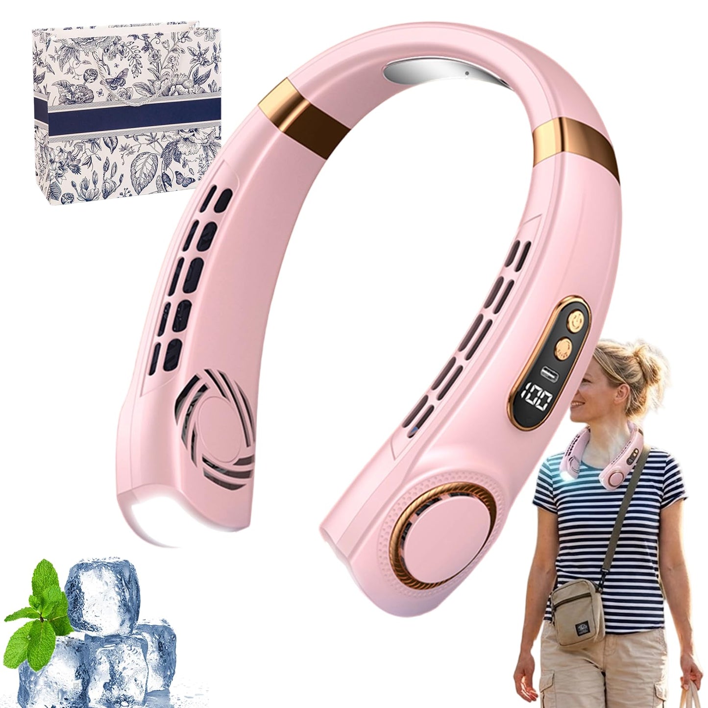 Nackenventilator, Nackenventilator mit Kühlung 5 Leise Geschwindigkeiten, Tragbarer Nackenventilator mit Display und LED-Licht in 7 Farben, Hals Ventilator für Sommer Küche, Unterwegs (Weiß)