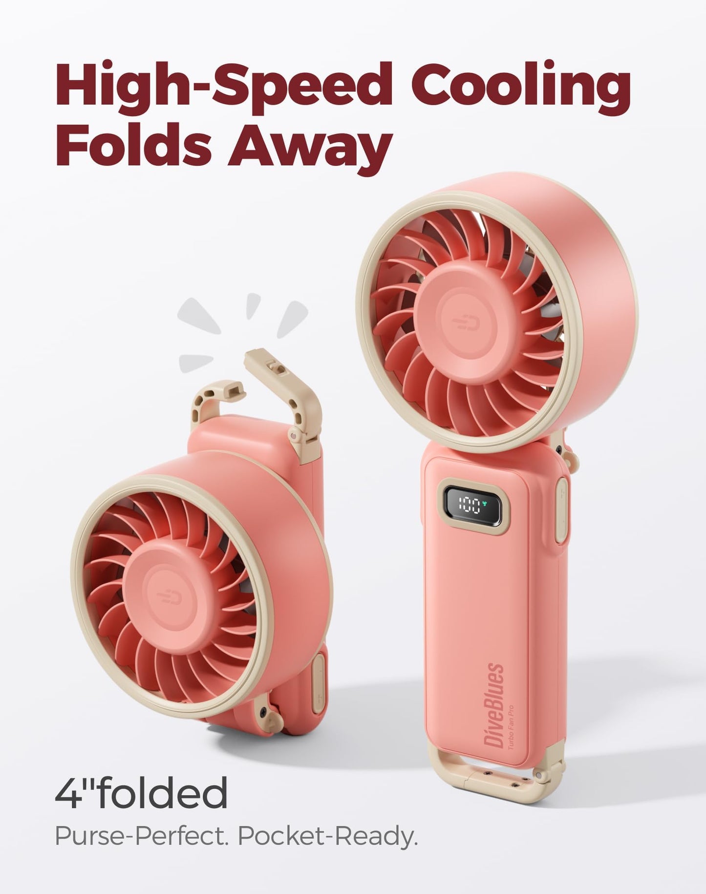 Diveblues Portable Handheld Fan D6036 Cream | 7.4m/s High Speed Turbo, 180° Foldable 4-in-1, Personal Neck Fan with Carabiner Clip, 100 Speed Stepless Control
