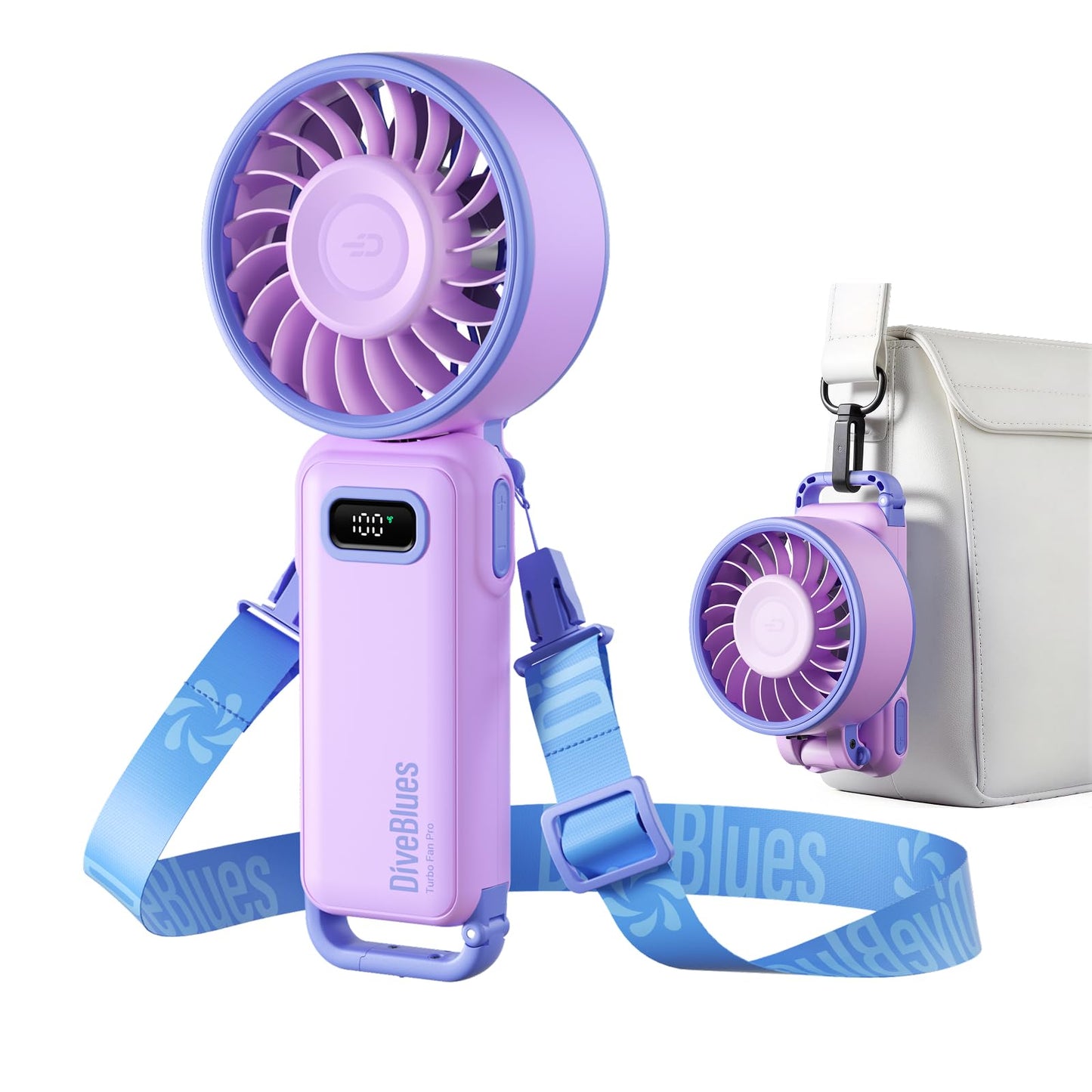 Diveblues Handventilator Tragbarer Turbo-Ventilator mit 100 Stufen und 7,4m/s Starkem Luftstrom, 180° Faltbarer 4-in-1 Mini-Ventilator für Hand, Hals und Tisch, Aufladbar für Sommer, Reise und Outdoor