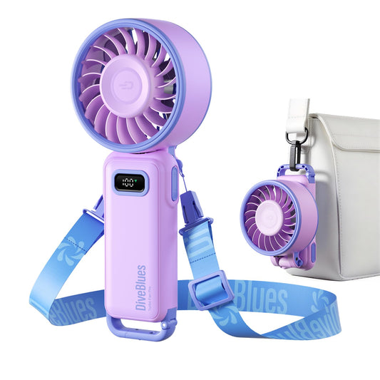 Diveblues Handventilator Tragbarer Turbo-Ventilator mit 100 Stufen und 7,4m/s Starkem Luftstrom, 180° Faltbarer 4-in-1 Mini-Ventilator für Hand, Hals und Tisch, Aufladbar für Sommer, Reise und Outdoor