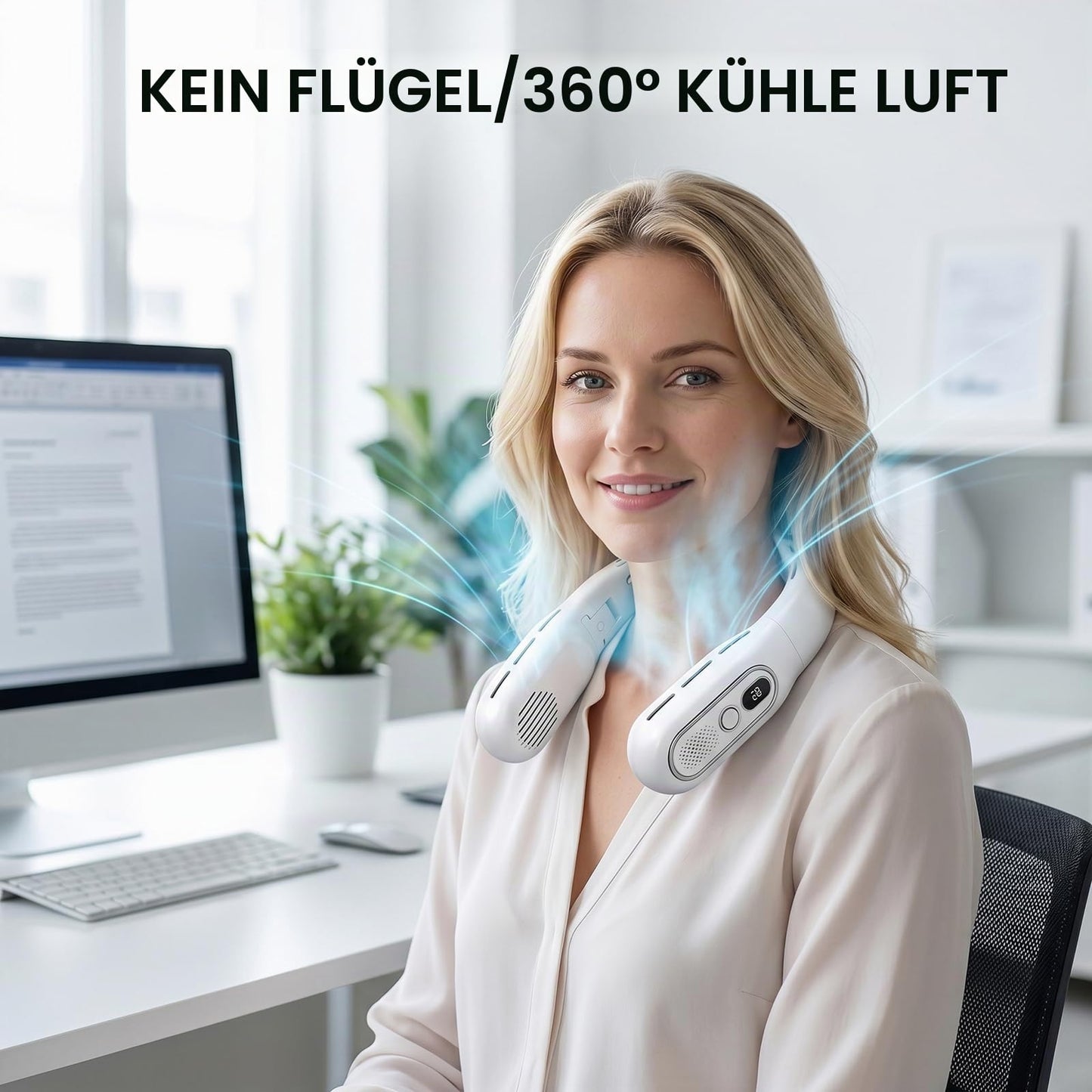 Faltbarer Halsventilator, ohne Flügel, tragbar, Luftstrom 360°, USB-Ventilator, wiederaufladbar, 3000 mAh, 3 Geschwindigkeitsstufen, USB-Halsventilator mit LED-Anzeige, für Sport und Reise (weiß)