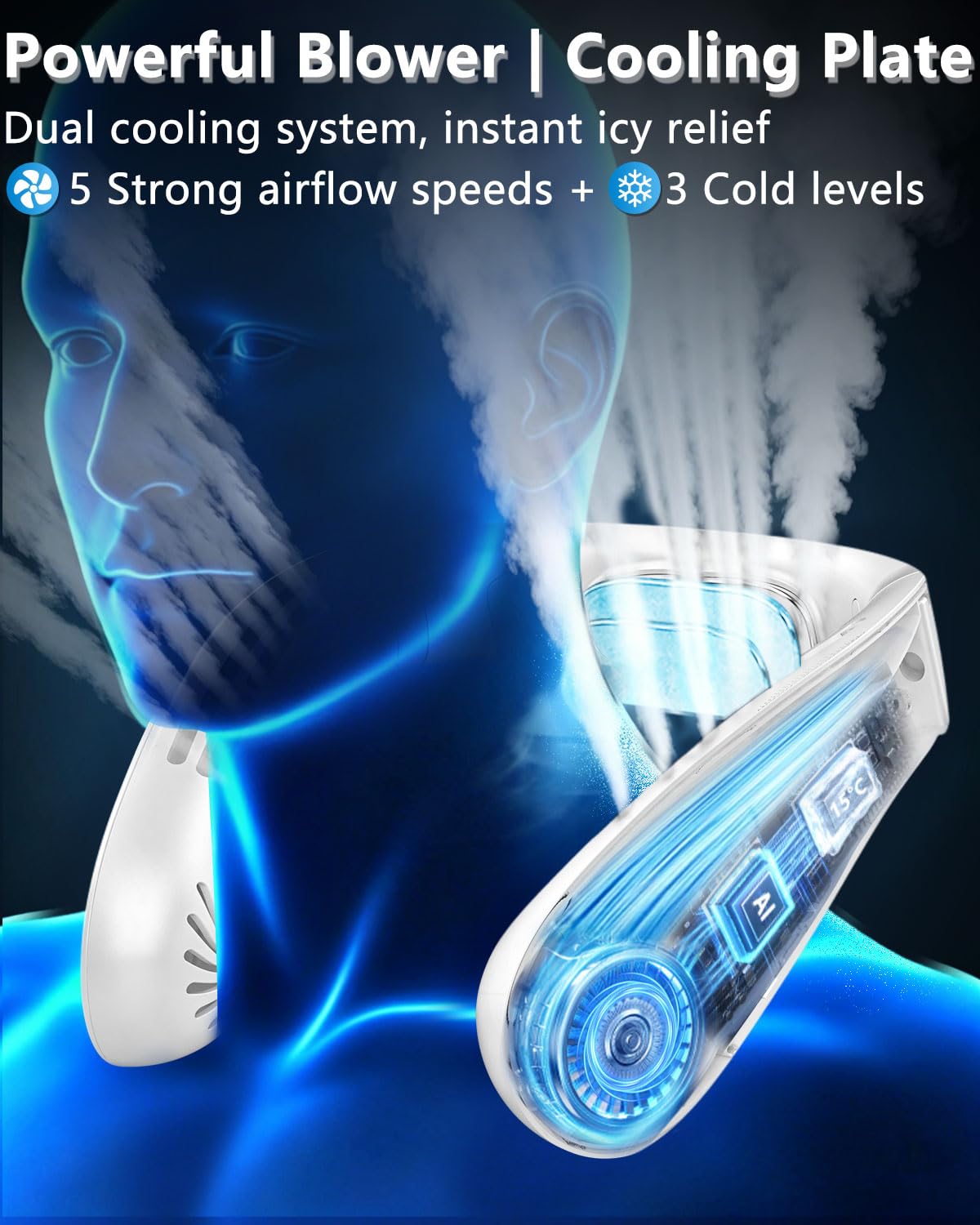 FWV Neck Fan with Cooling Plate, Quiet 30dB, 3-24Hrs Cooling,5500mAh Battery,LED Display Necklace AC Cooler, USB Bladeless Portable Personal Wearable Fans that Blow Cold Air for Men Women Kids Black