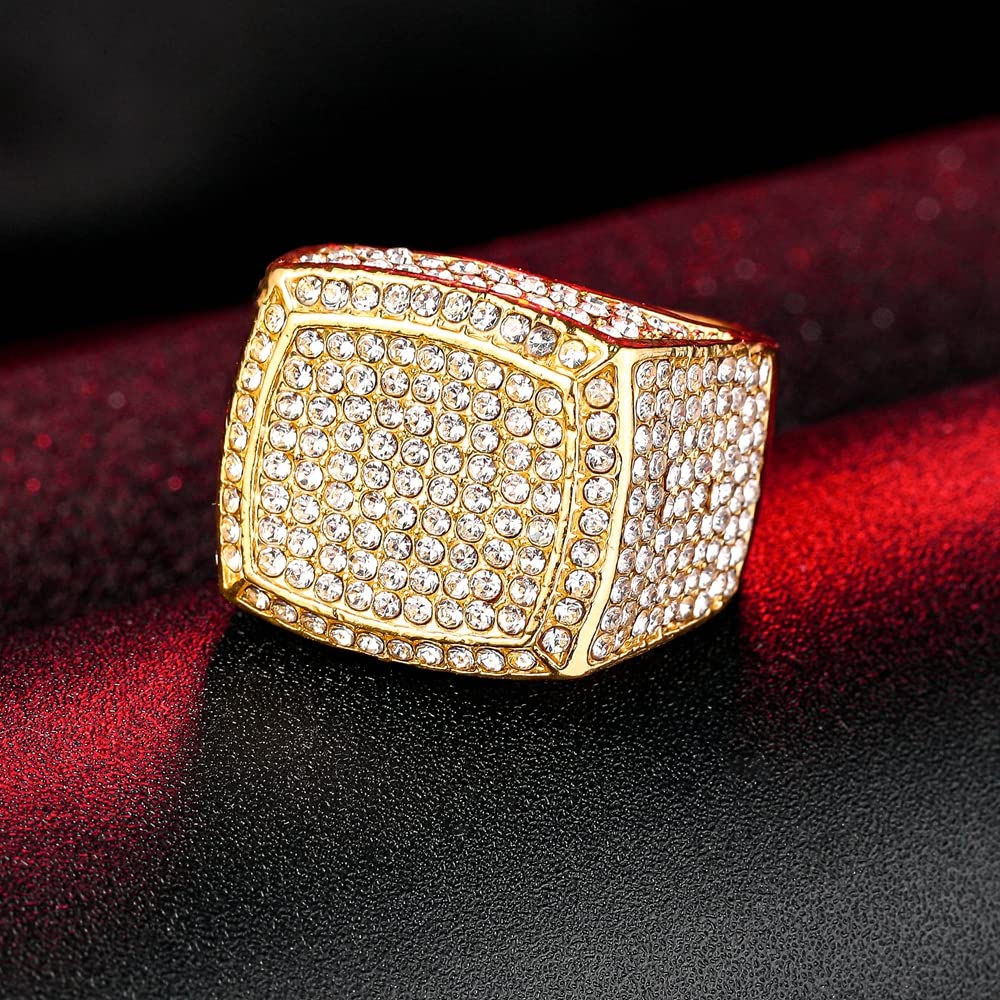 HH BLING EMPIRE Iced Out Silber-Goldringe für Männer, Bling Hip Hop Diamant Herrenringe, große quadratische Herrenringe Gold Größe #9