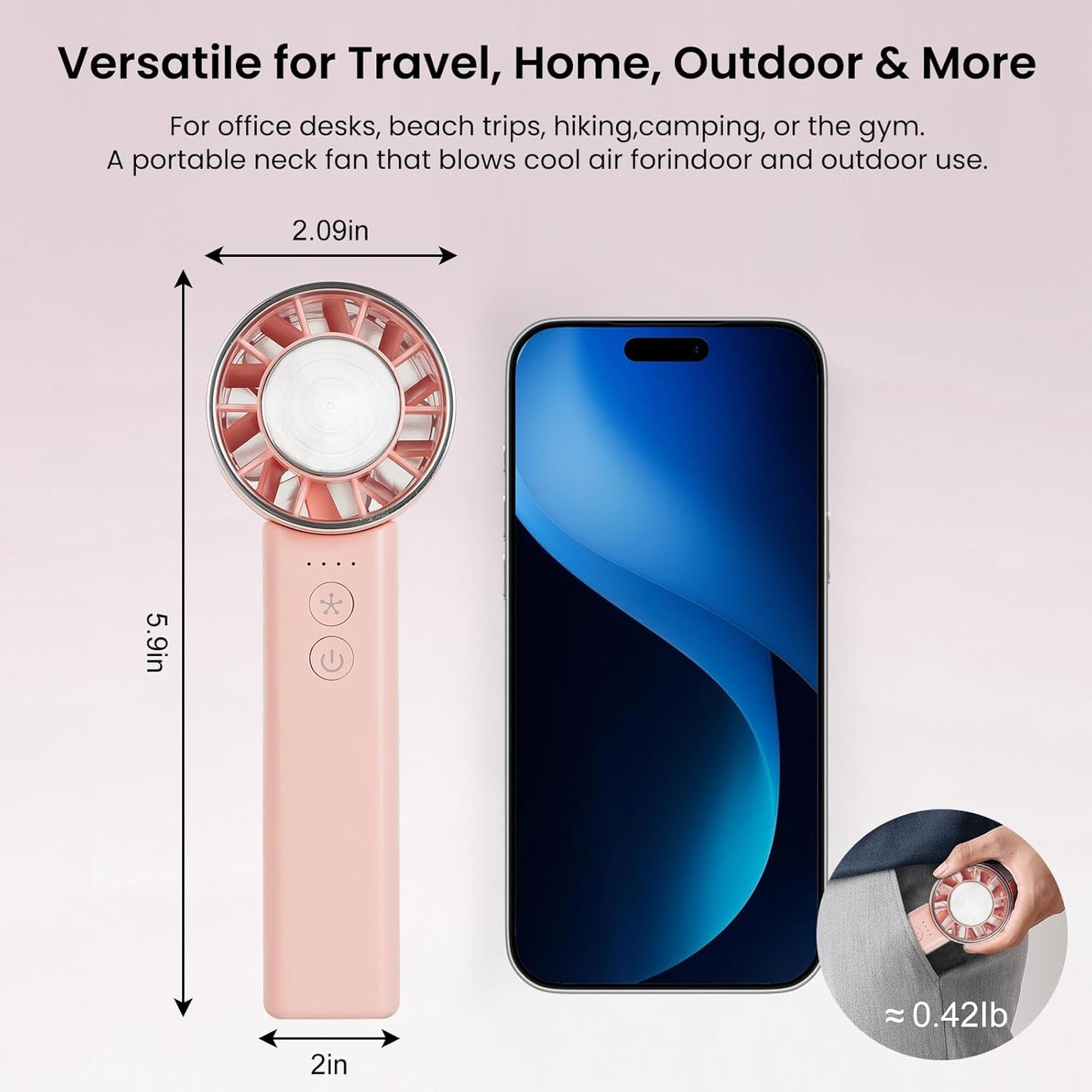 Handventilator, 4 Geschwindigkeiten, verstellbar, 4800 mAh, faltbar, leicht, am Hals getragenes Design, Strandurlaub, tragbarer Ventilator für Reisen, Kühlung für Camping, Outdoor und Indoor