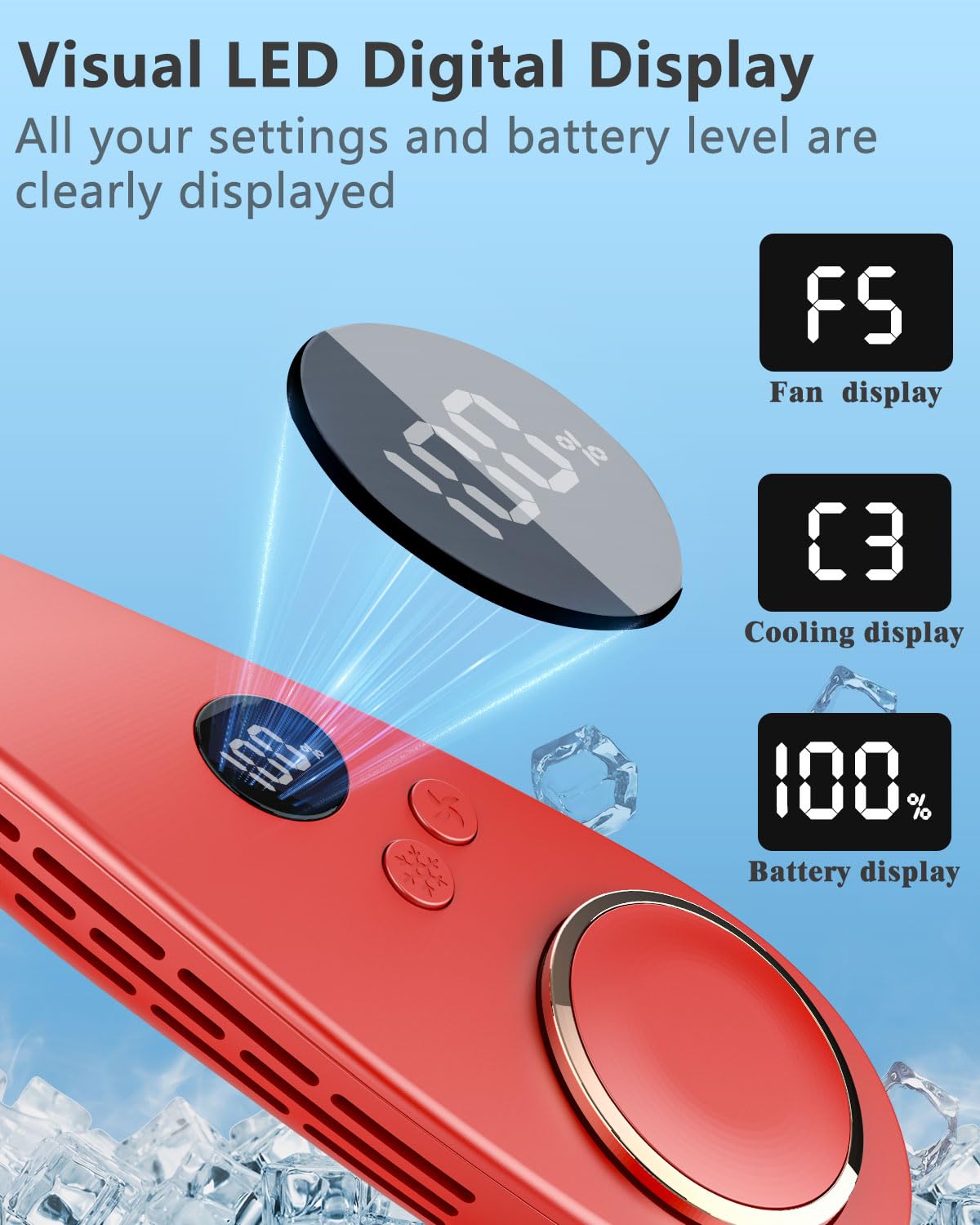 FWV Neck Fan with Cooling Plate, Quiet 30dB, 3-24Hrs Cooling,5500mAh Battery,LED Display Necklace AC Cooler, USB Bladeless Portable Personal Wearable Fans that Blow Cold Air for Men Women Kids Black