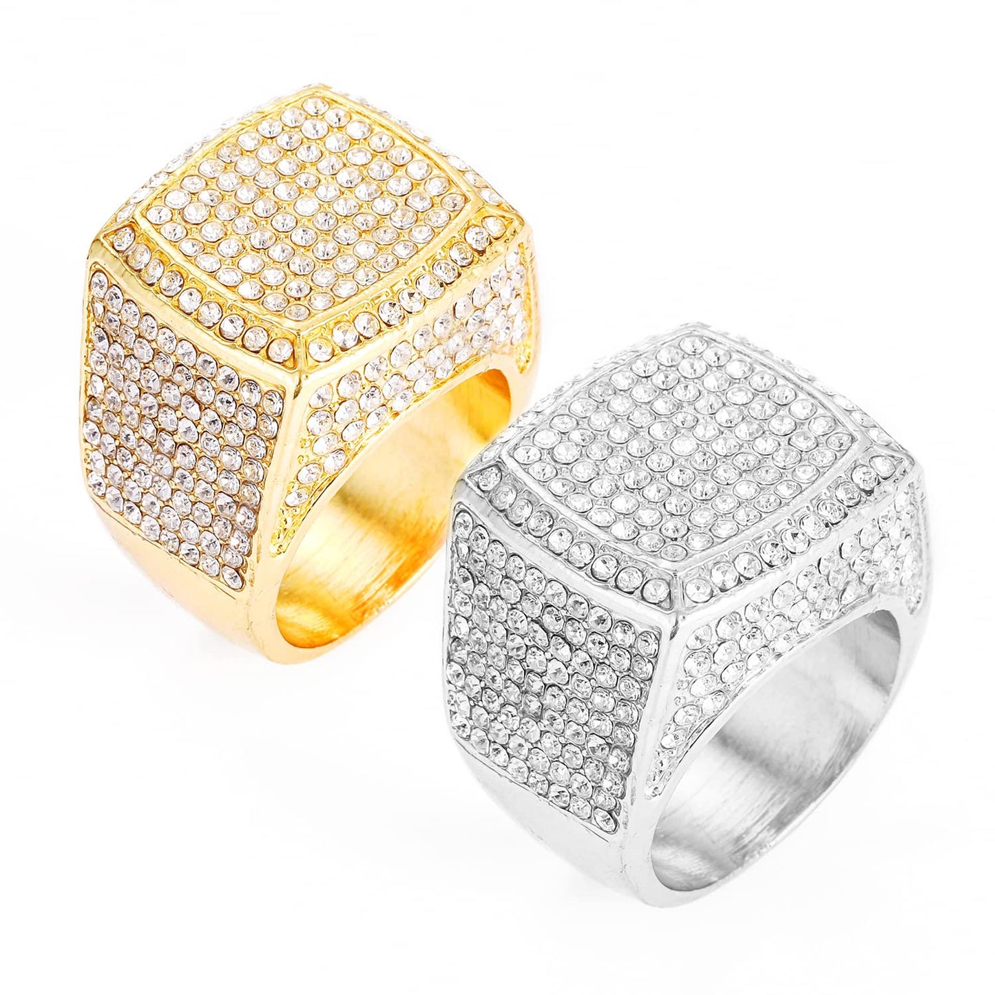 HH BLING EMPIRE Iced Out Silber-Goldringe für Männer, Bling Hip Hop Diamant Herrenringe, große quadratische Herrenringe Gold Größe #9