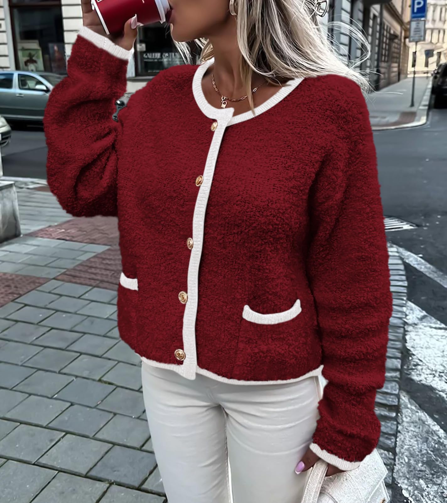 Women Cardigan Sweaters Long Sleeve Button Down Tweed Knit Sweater Crewneck Fall Open Front Outerwear with Pockets-M Wine Red