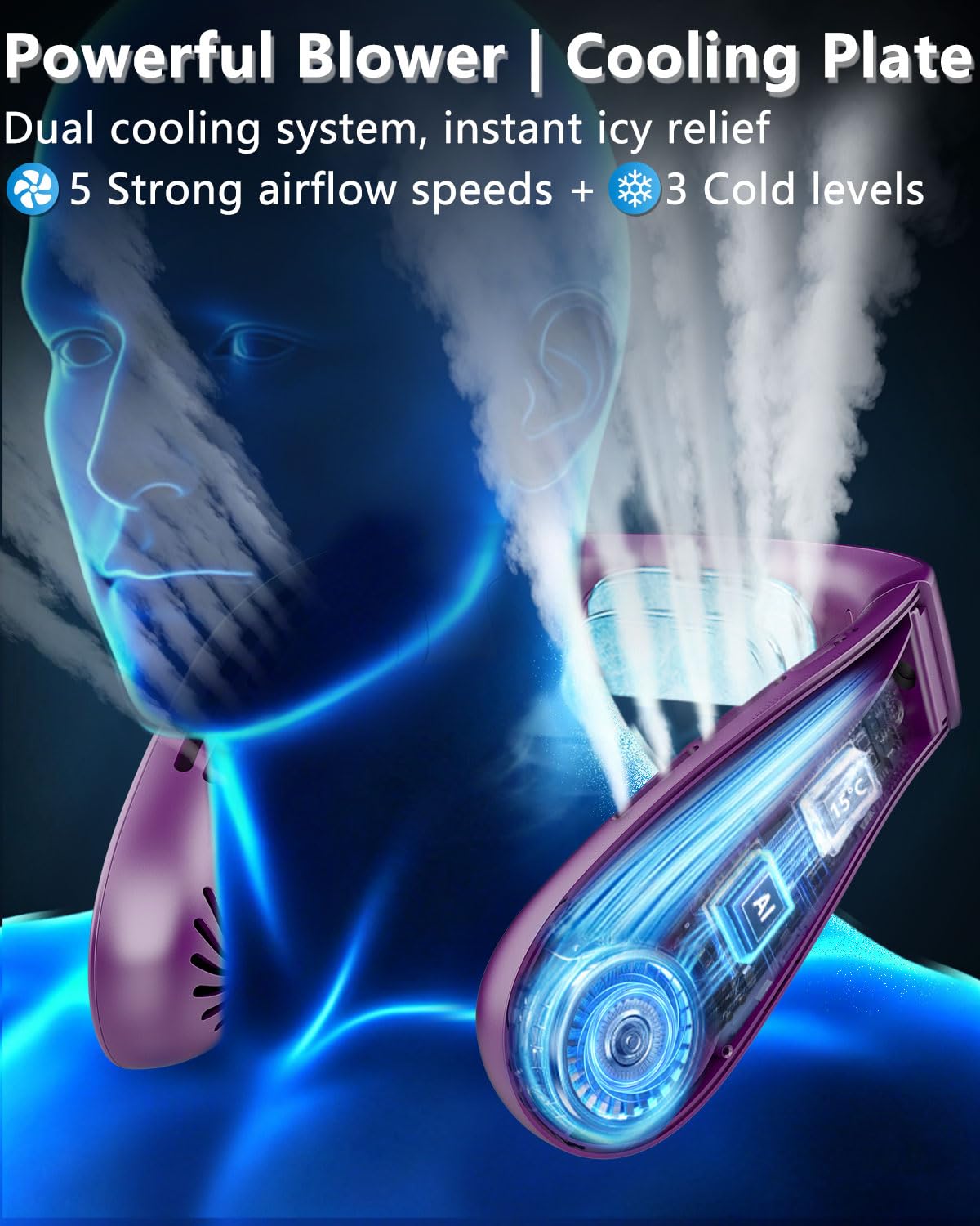 FWV Neck Fan with Cooling Plate, Quiet 30dB, 3-24Hrs Cooling,5500mAh Battery,LED Display Necklace AC Cooler, USB Bladeless Portable Personal Wearable Fans that Blow Cold Air for Men Women Kids Black