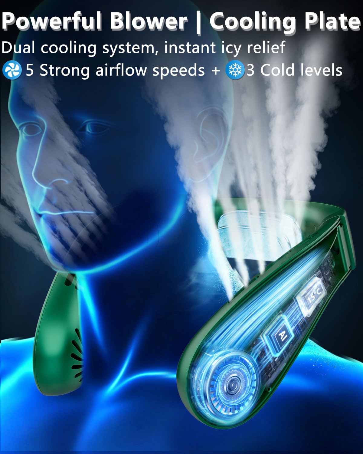 FWV Neck Fan with Cooling Plate, Quiet 30dB, 3-24Hrs Cooling,5500mAh Battery,LED Display Necklace AC Cooler, USB Bladeless Portable Personal Wearable Fans that Blow Cold Air for Men Women Kids Black