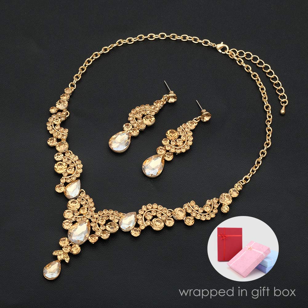 CSY 4-teiliges Set mit eleganten Kristall-Halsketten, Ohrringen, Armbändern und Ringen, Brautschmuck für Hochzeiten, Kostümschmuck-Sets für Bräute und Frauen (vergoldet, Champagner)