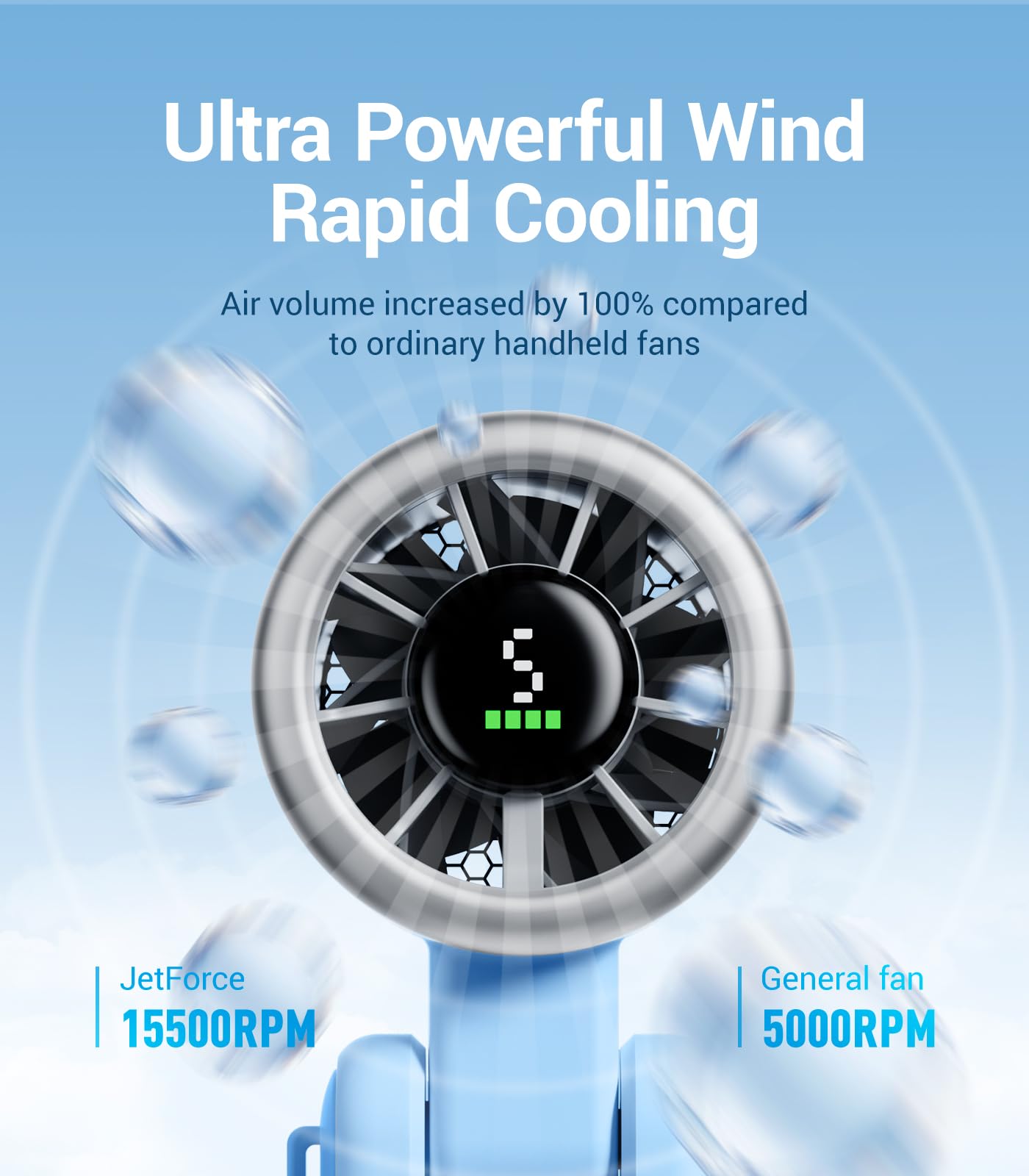 Diveblues Portable Handheld Turbo Fan, 5 Gear Wind, Battery Operated, Up to 12 Working Hours, 3 IN 1 Hand Fan with Air Turbo Tech Cooling Fan for Outdoor Activities, Travel, Working, Silvery white