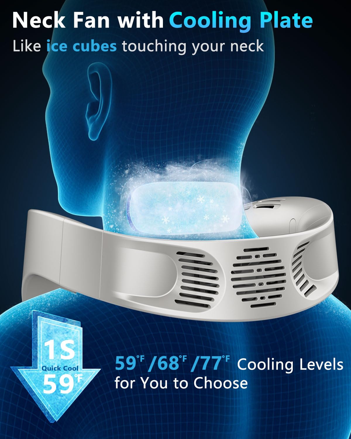 FWV Neck Fan with Cooling Plate, Quiet 30dB, 3-24Hrs Cooling,5500mAh Battery,LED Display Necklace AC Cooler, USB Bladeless Portable Personal Wearable Fans that Blow Cold Air for Men Women Kids Black