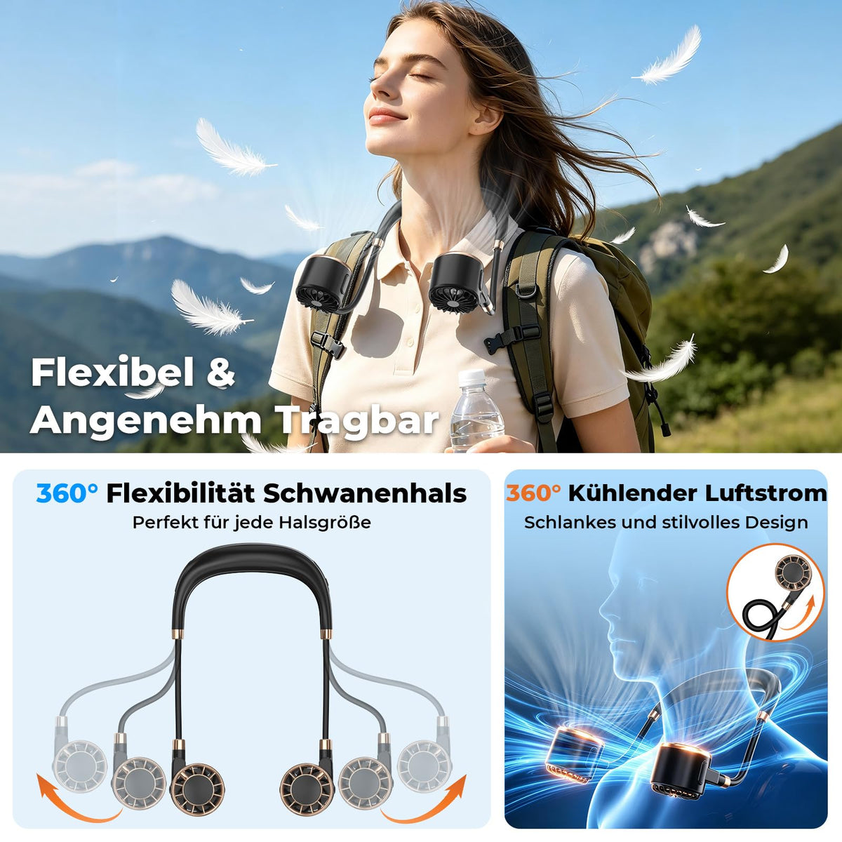 Nackenventilator, 4000mAh Tragbarer Halsventilator, 6 Stufen & 360° Luftstrom, 5-16 Stunden,Extrem Leise 10000 U/min USB Ventilator mit LED-Anzeige,Faltbarer Mini Lüfter für Freien,Reisen,Camping,Büro