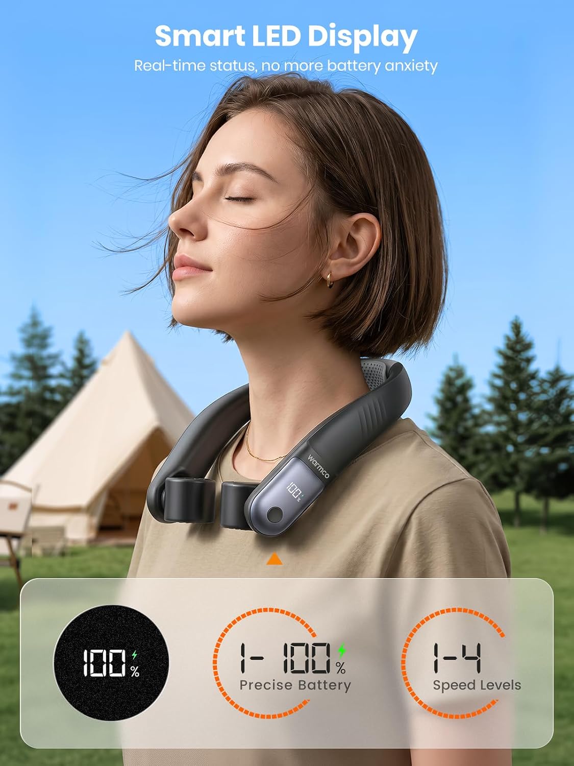 Warmco N5 10000mAh Nackenventilator für Reise und Outdoo | 15-30 Std. Laufzeit, 7m/s Luftstrom, 60° Doppel-Luftauslässe, 4 Stufen, LED-Display, Silikon-Nackenauflage
