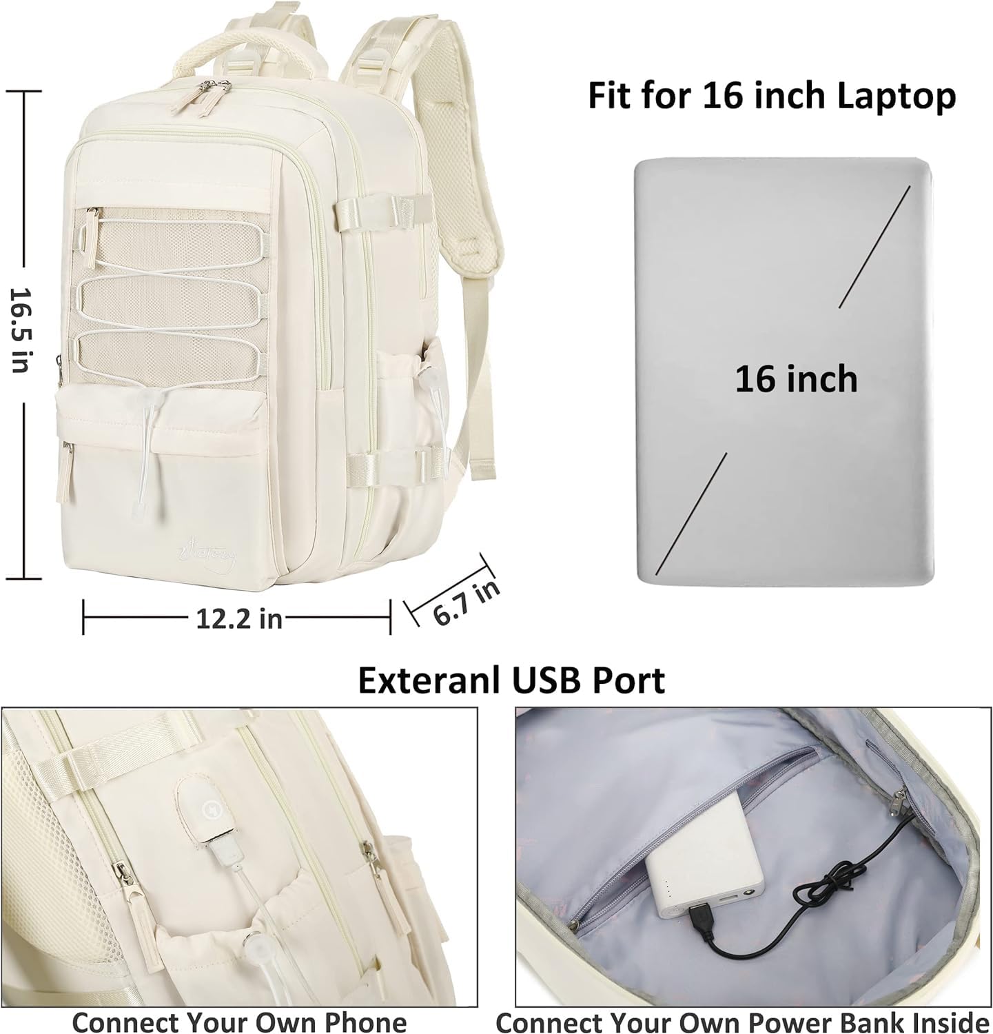 Reiserucksack für Damen und Herren, 15,6-Zoll-Laptop-Rucksäcke mit USB-Anschluss, Handgepäck-Rucksack, flugzugelassen, großer Rucksack, College-Büchertasche, Outdoor-Sport-Wanderrucksack, lässiger Tagesrucksack (weiß)