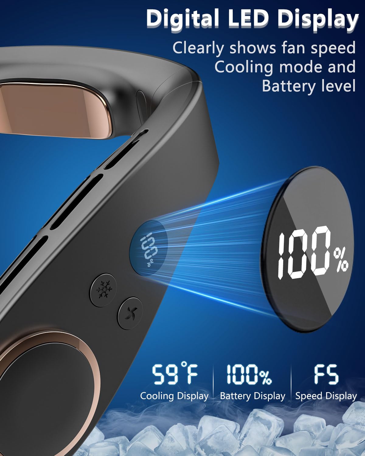 FWV Neck Fan with Cooling Plate, Quiet 30dB, 3-24Hrs Cooling,5500mAh Battery,LED Display Necklace AC Cooler, USB Bladeless Portable Personal Wearable Fans that Blow Cold Air for Men Women Kids Black