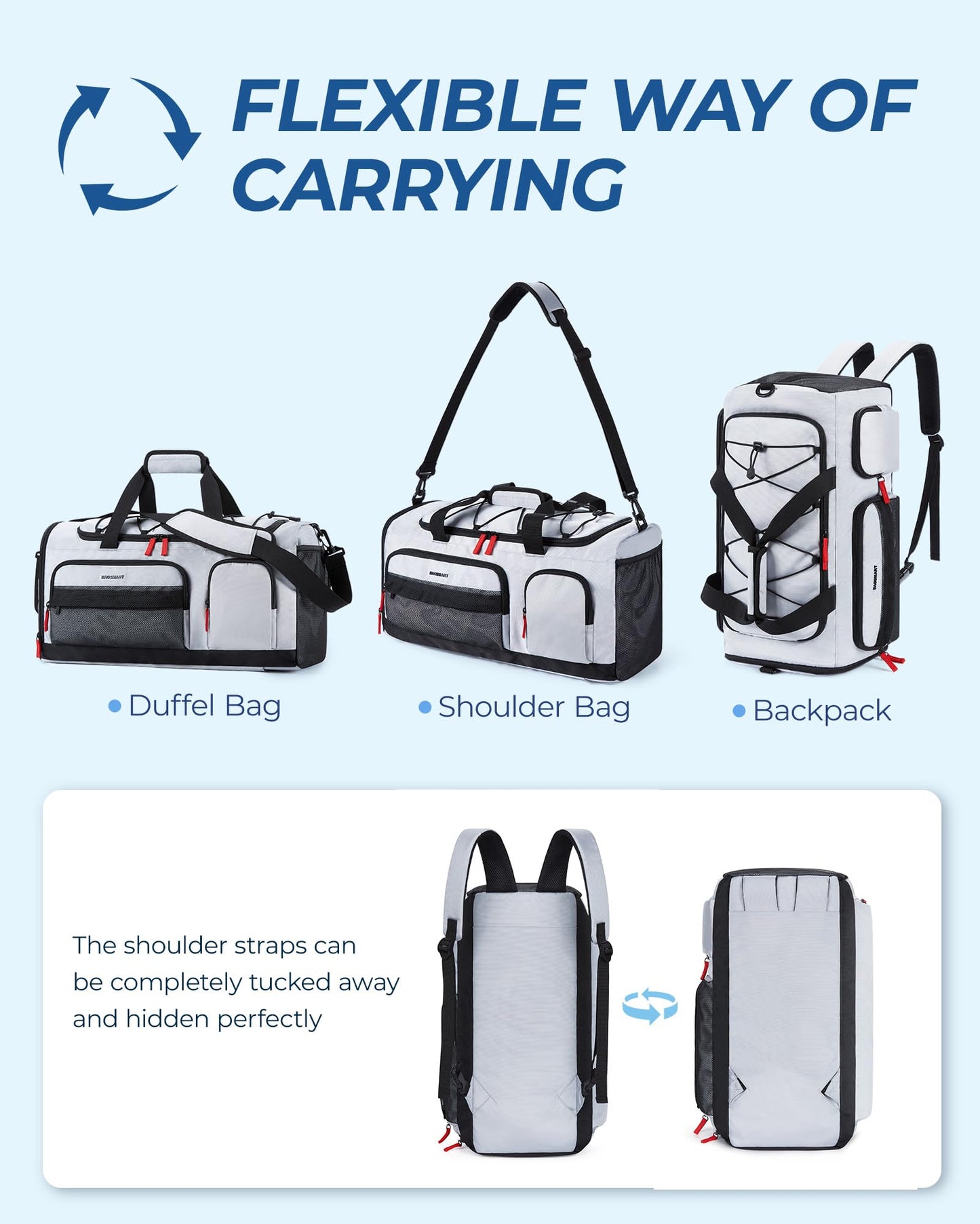 BAGSMART Gym Bag for Women & Men, 35L Sports Travel Duffel Bag with Shoe Compartment，Anti-Theft Carry On Weekender Bag for Airplane, Water Resistant Workout Overnight Backpack for Travel Gym,Grey