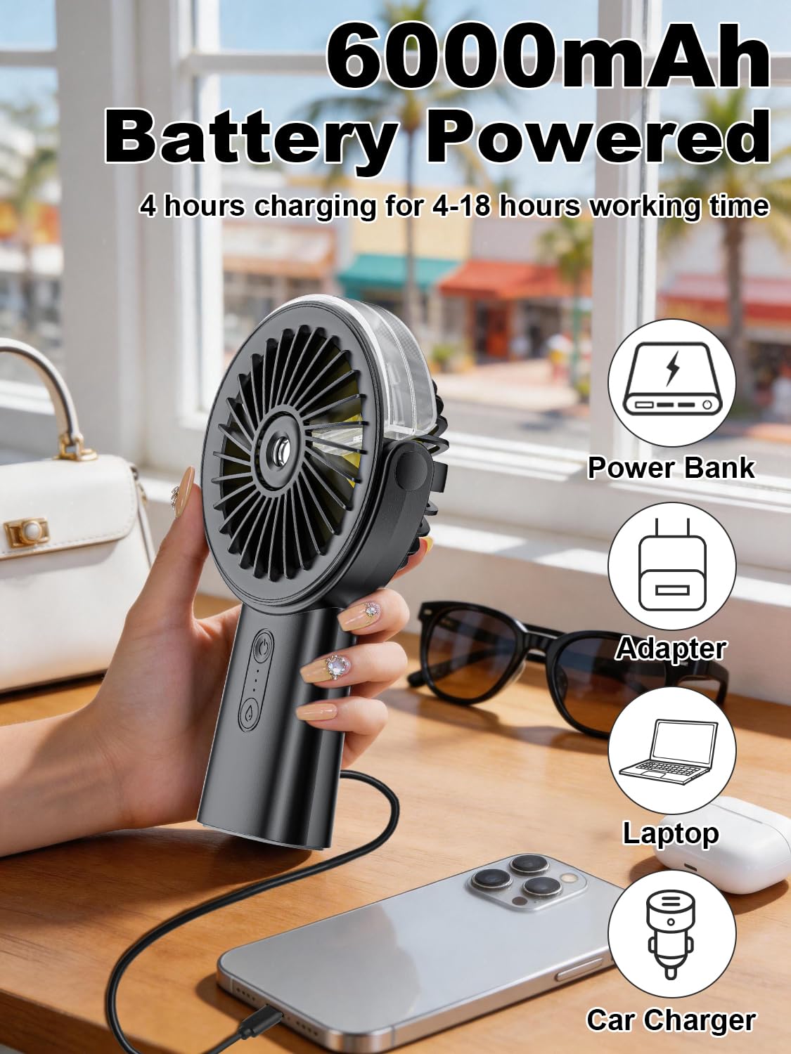 Handventilator Akku Aufladbar mit Wasserkühlung, 6000mAh Tragbarer Mini Ventilator mit 3 Gänge, Ventilatoren Leise Klein mit 4–18 Laufzeit, Portable USB Hand Fan für Sommer, Reise, Outdoor, Blau