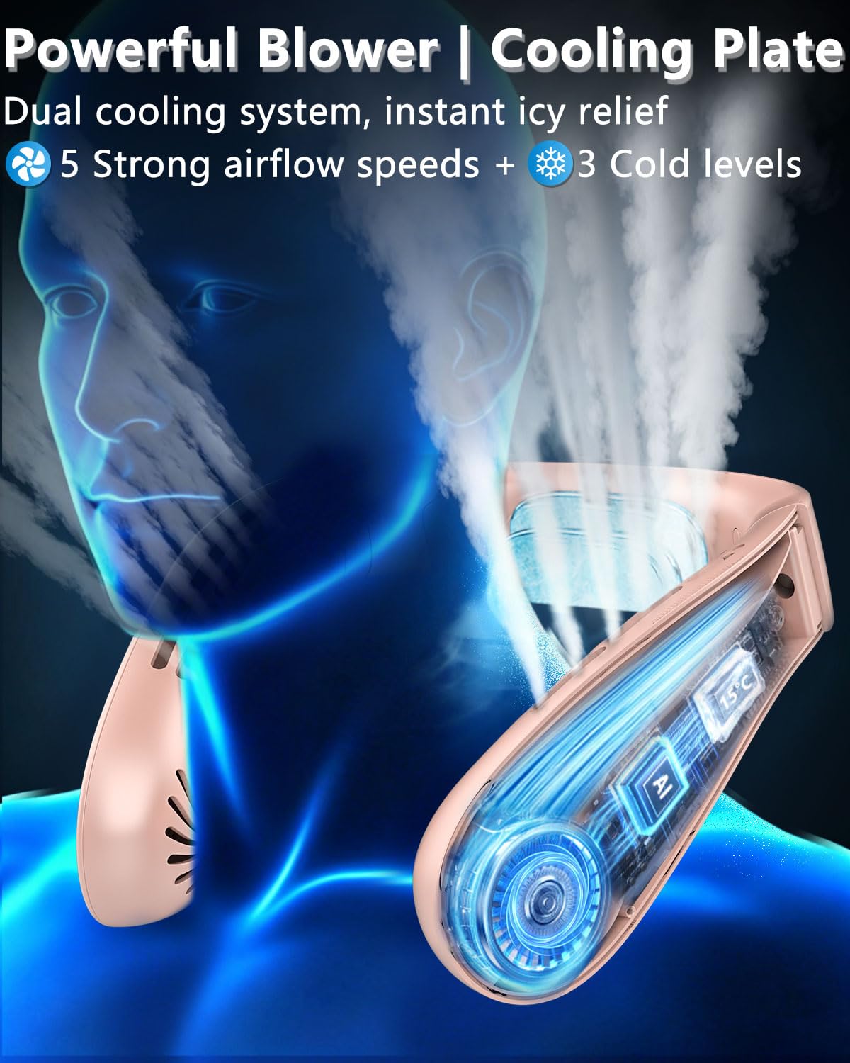 FWV Neck Fan with Cooling Plate, Quiet 30dB, 3-24Hrs Cooling,5500mAh Battery,LED Display Necklace AC Cooler, USB Bladeless Portable Personal Wearable Fans that Blow Cold Air for Men Women Kids Black