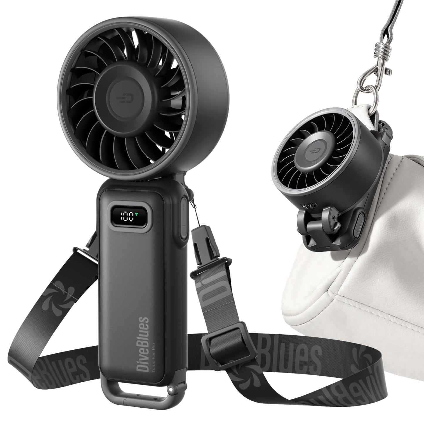 Diveblues - Handventilator Akku Aufladbar - 100 Stunfen Mini Ventilator Leistungsstarker Luftstrom mit Turbo-Technologie, 4 in 1 Tragbarer Ventilator 180° Faltbarer Bis zu 12 Stunden Kühlung