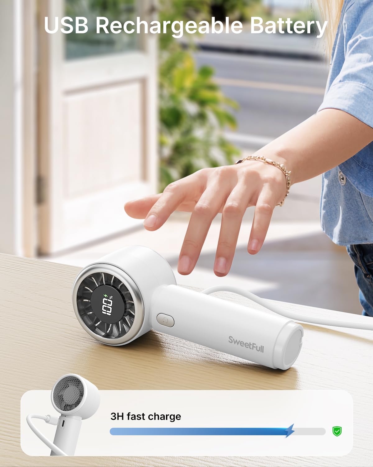 SWEETFULL Mini Fan Portable - Cute Handheld Turbo Fan with Rechargeable Battery, 5 Speeds, Small Hand Personal Travel Essentials for Women, Girls, Kids, Lash, Makeup - Pink