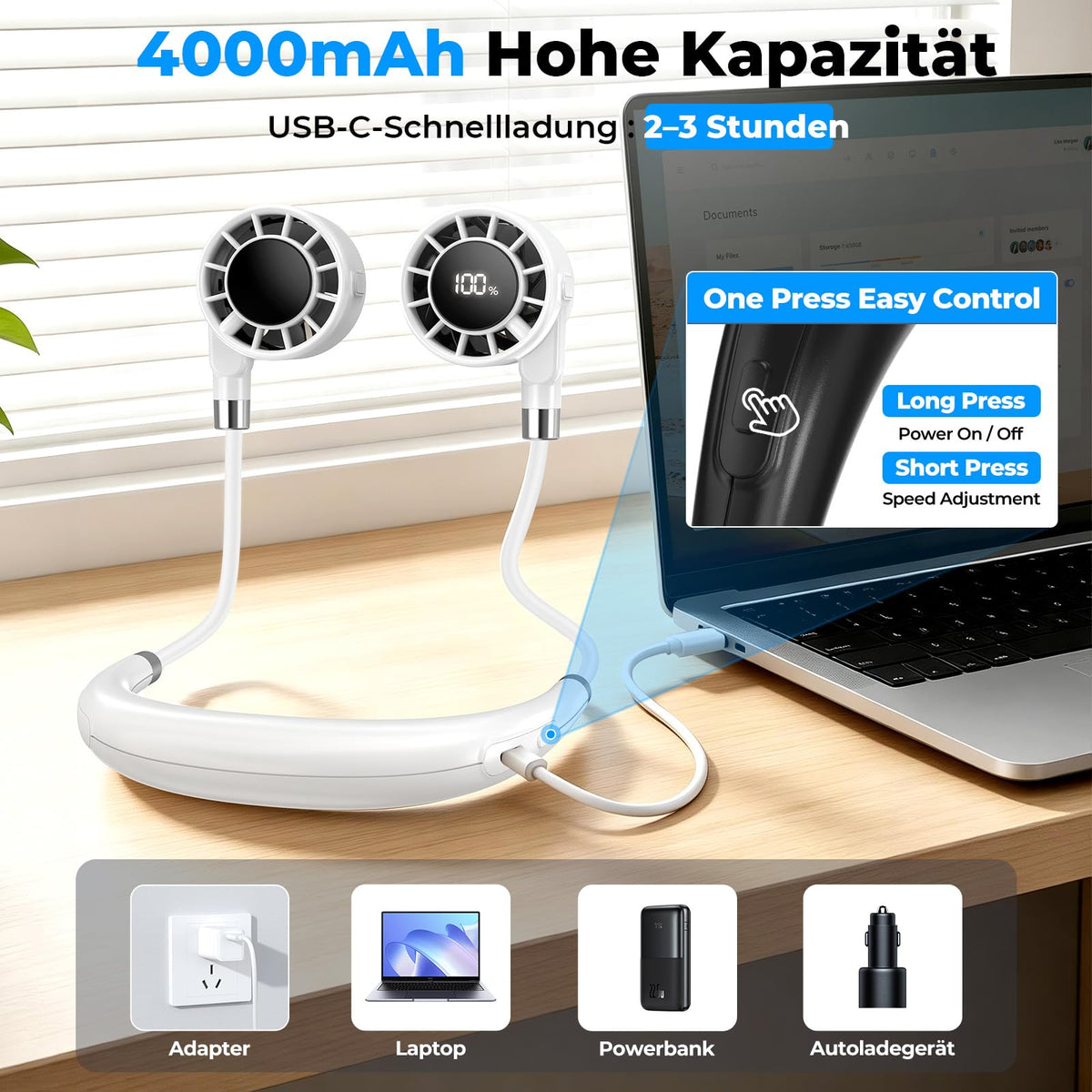 Nackenventilator, 4000mAh Tragbarer Halsventilator, 6 Stufen & 360° Luftstrom, 5-16 Stunden,Extrem Leise 10000 U/min USB Ventilator mit LED-Anzeige,Faltbarer Mini Lüfter für Freien,Reisen,Camping,Büro